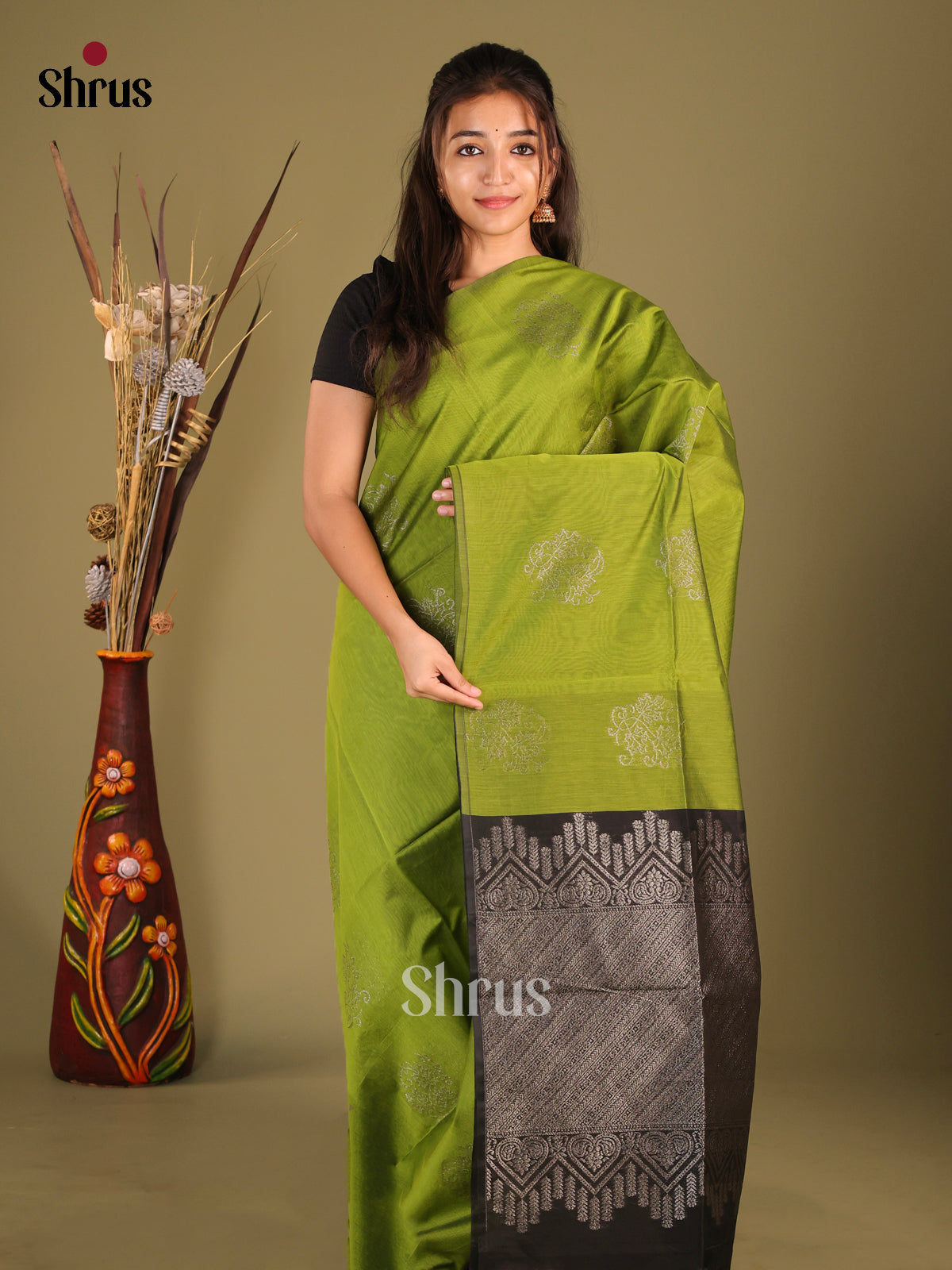 Parrot Green & Black - Semi Silkcotton Saree - Shop on Shrus.com