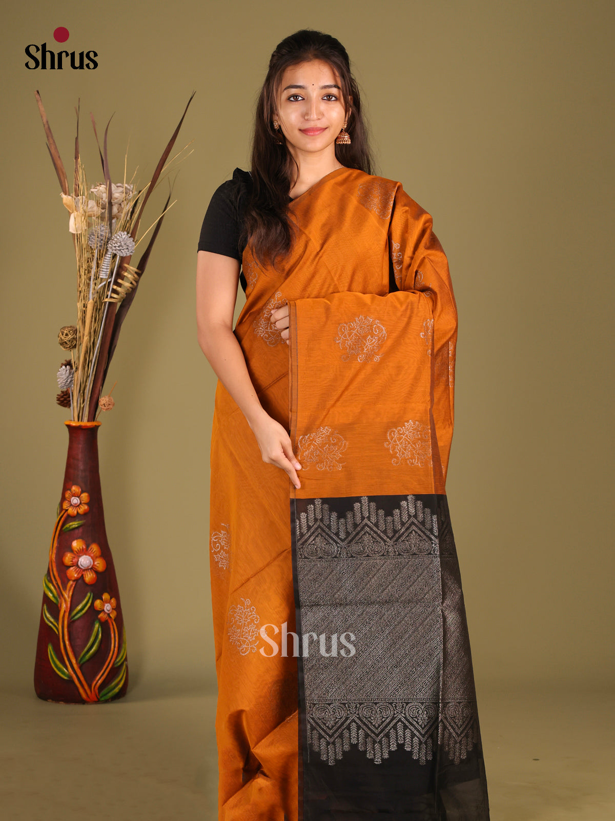 Mustard & Black - Semi Silkcotton Saree - Shop on Shrus.com