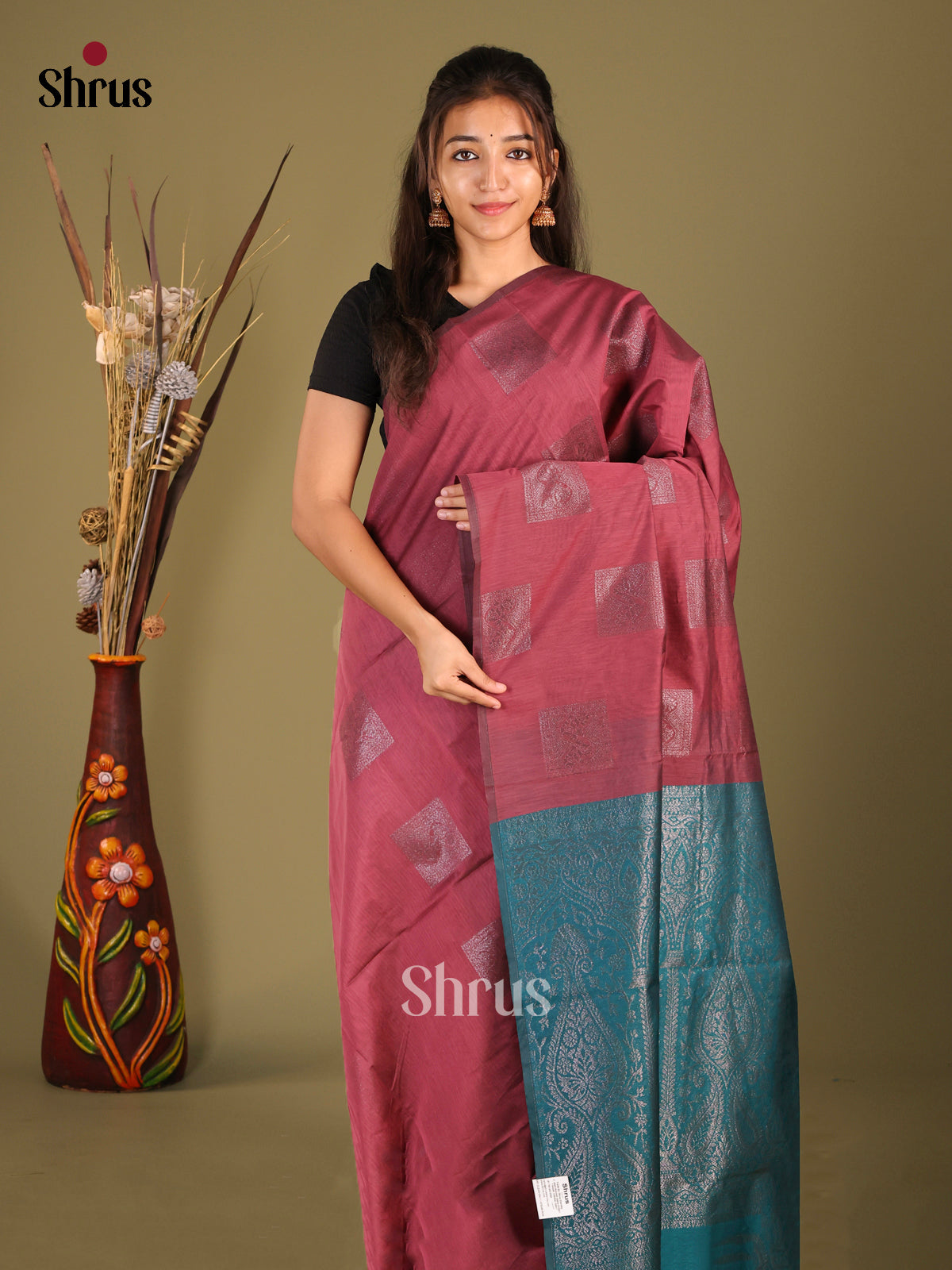 Maroon & Blue - Semi Silkcotton Saree - Shop on Shrus.com