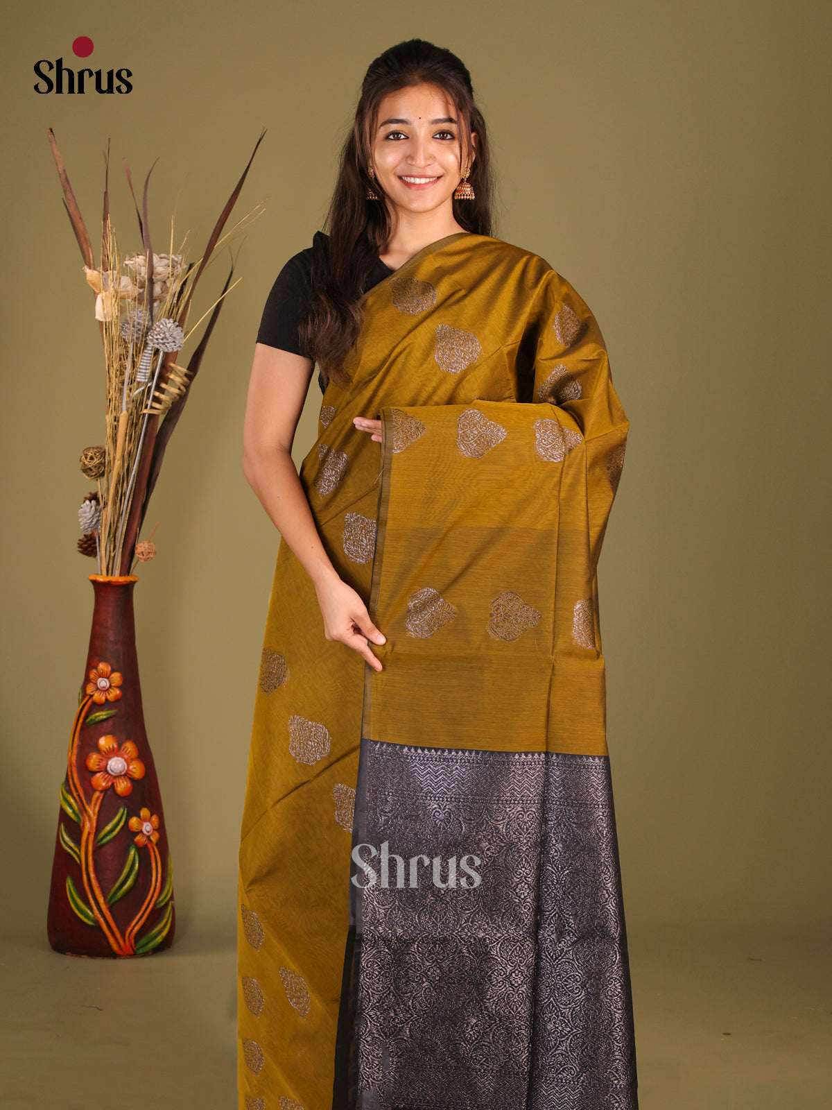 Mehandi & Blue - Semi Silkcotton Saree - Shop on Shrus.com