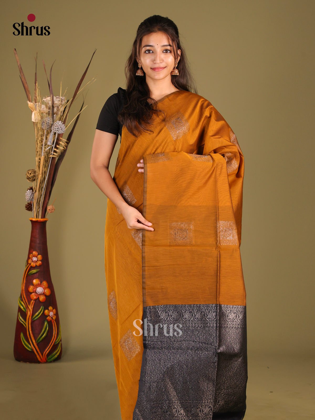 Mustard & Blue- Semi Silkcotton Saree - Shop on Shrus.com