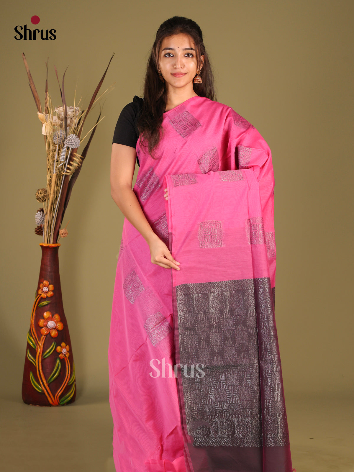 Pink & Brown - Semi Silkcotton Saree - Shop on Shrus.com