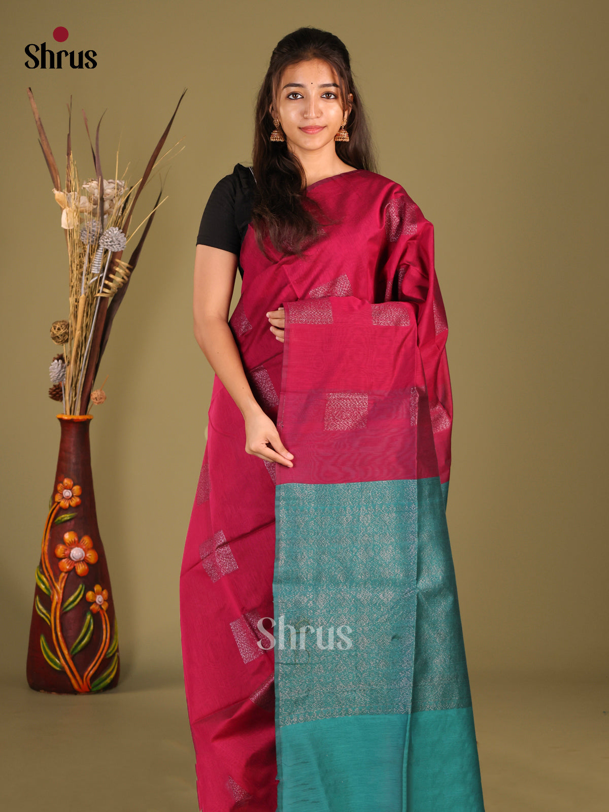 Maroon & Green - Semi Silkcotton Saree - Shop on Shrus.com