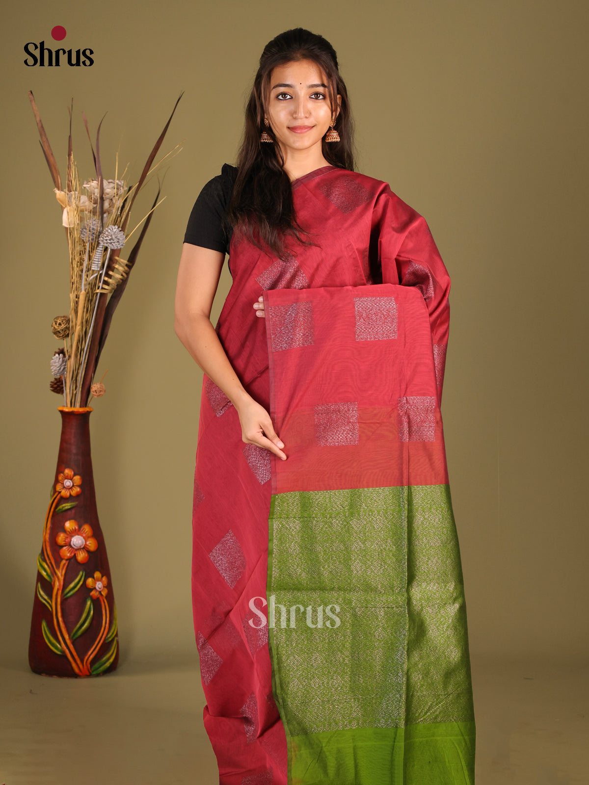 Maroon & Green - Semi Silkcotton Saree - Shop on Shrus.com