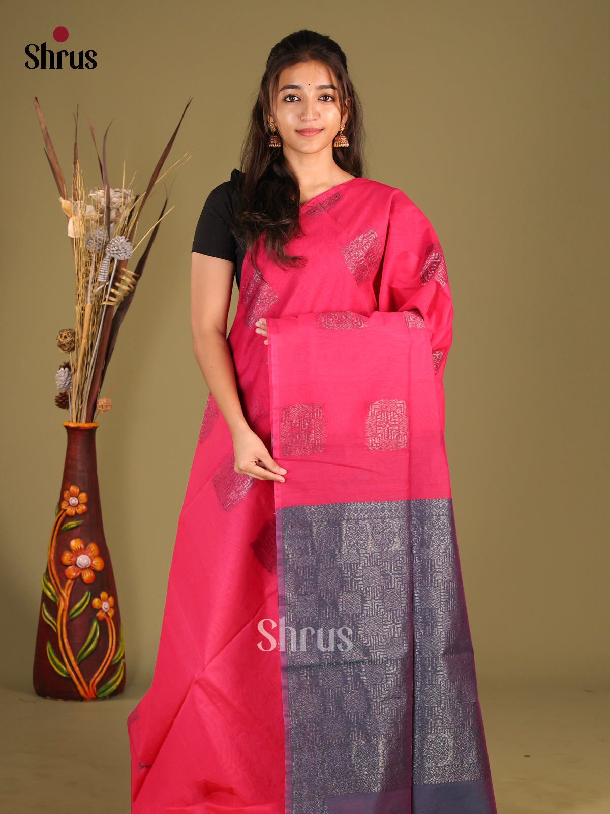 Pink & Blue - Semi Silkcotton Saree - Shop on Shrus.com
