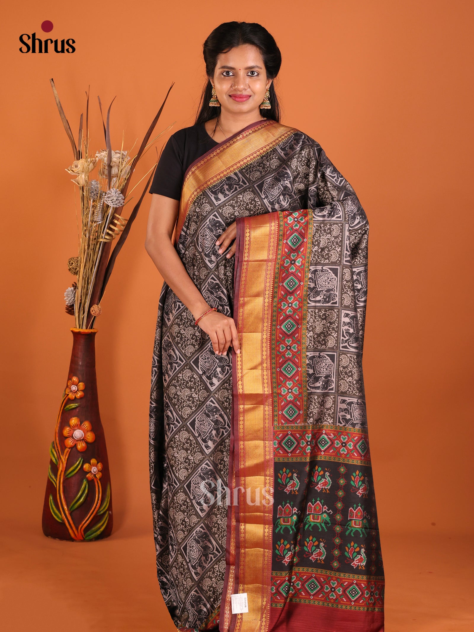 Black & Maroon - Semi Patola Saree