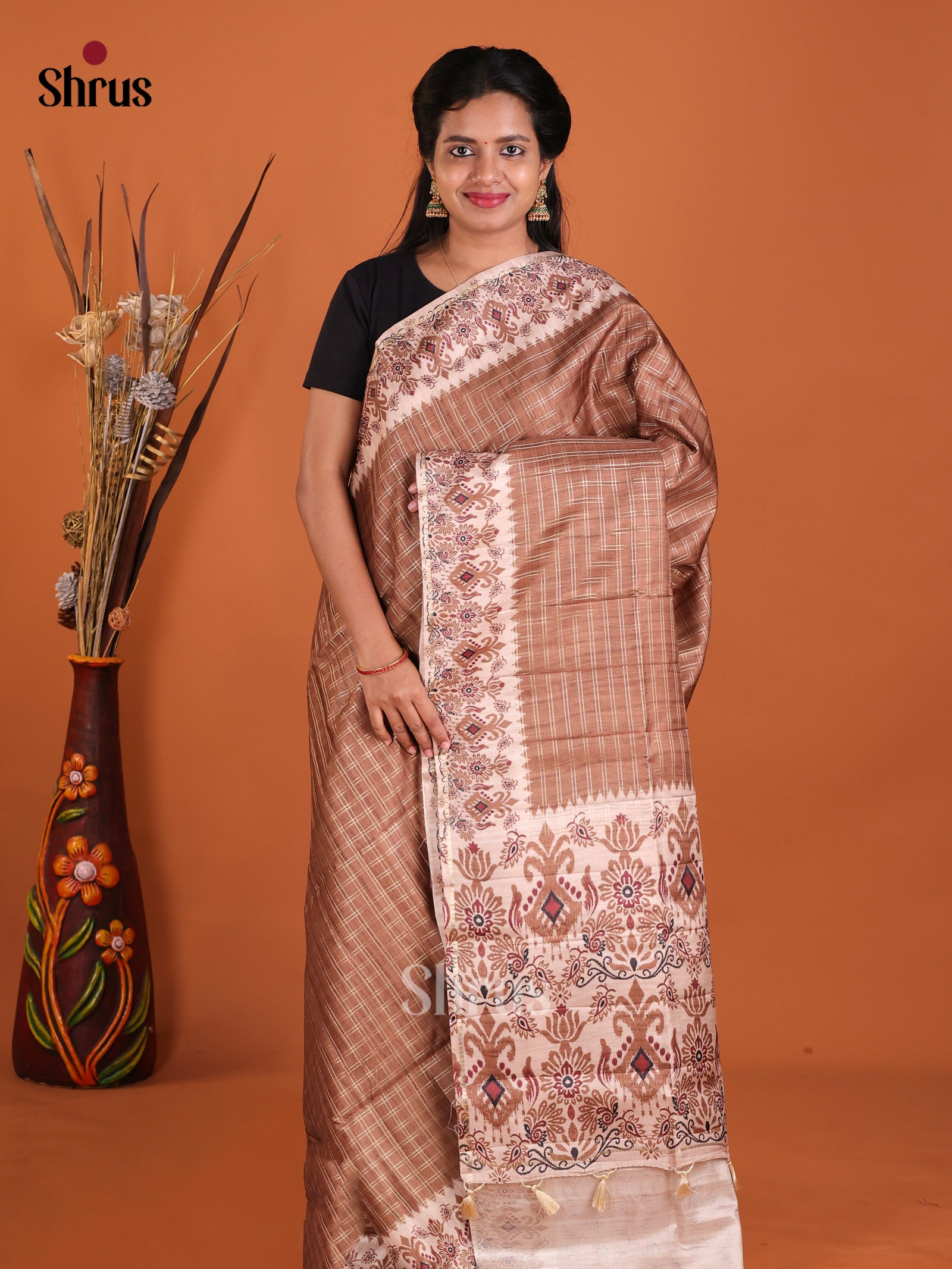 Brown & Cream - Moonga Silk Saree