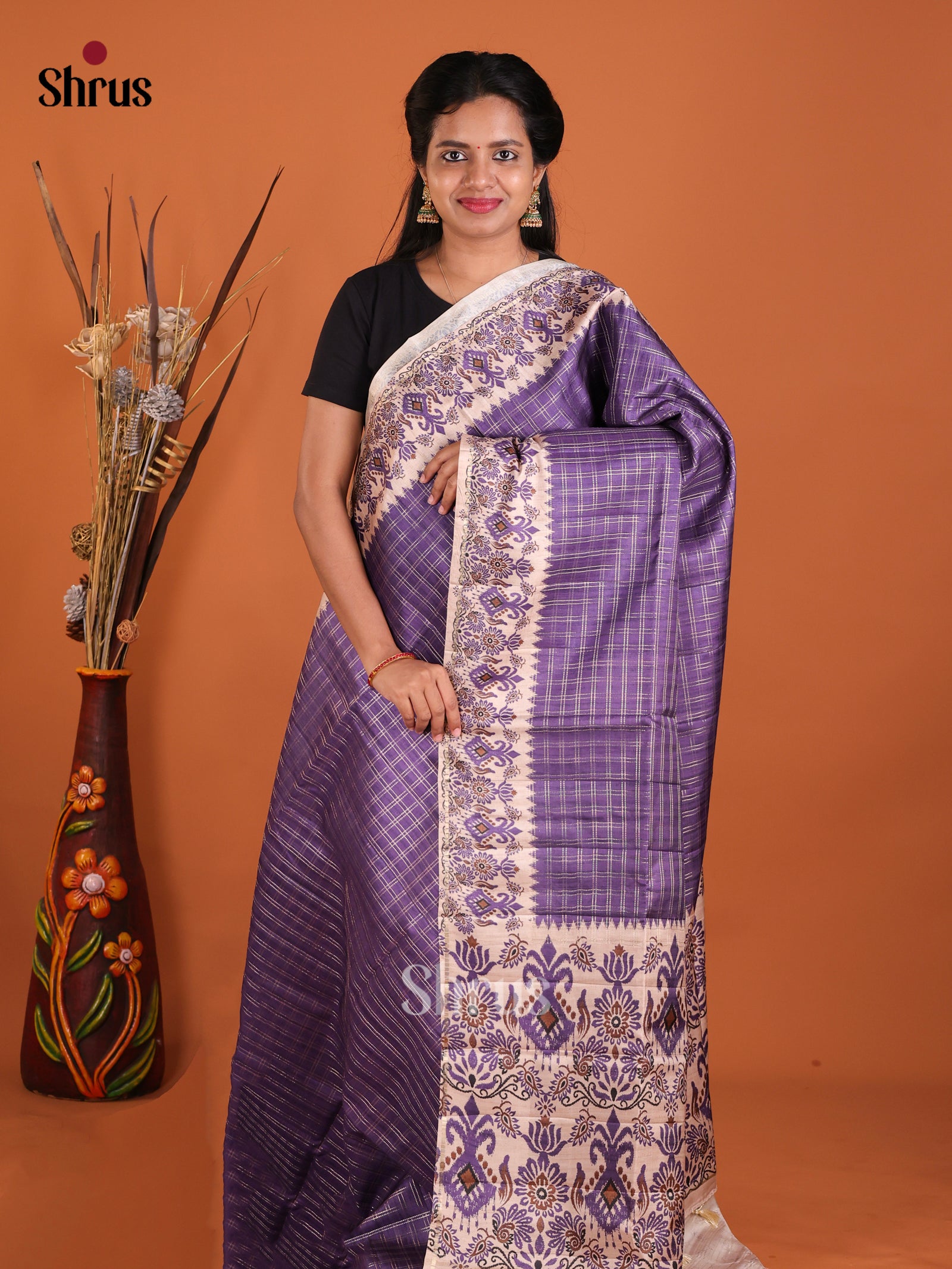 Violet & Cream - Moonga Silk Saree