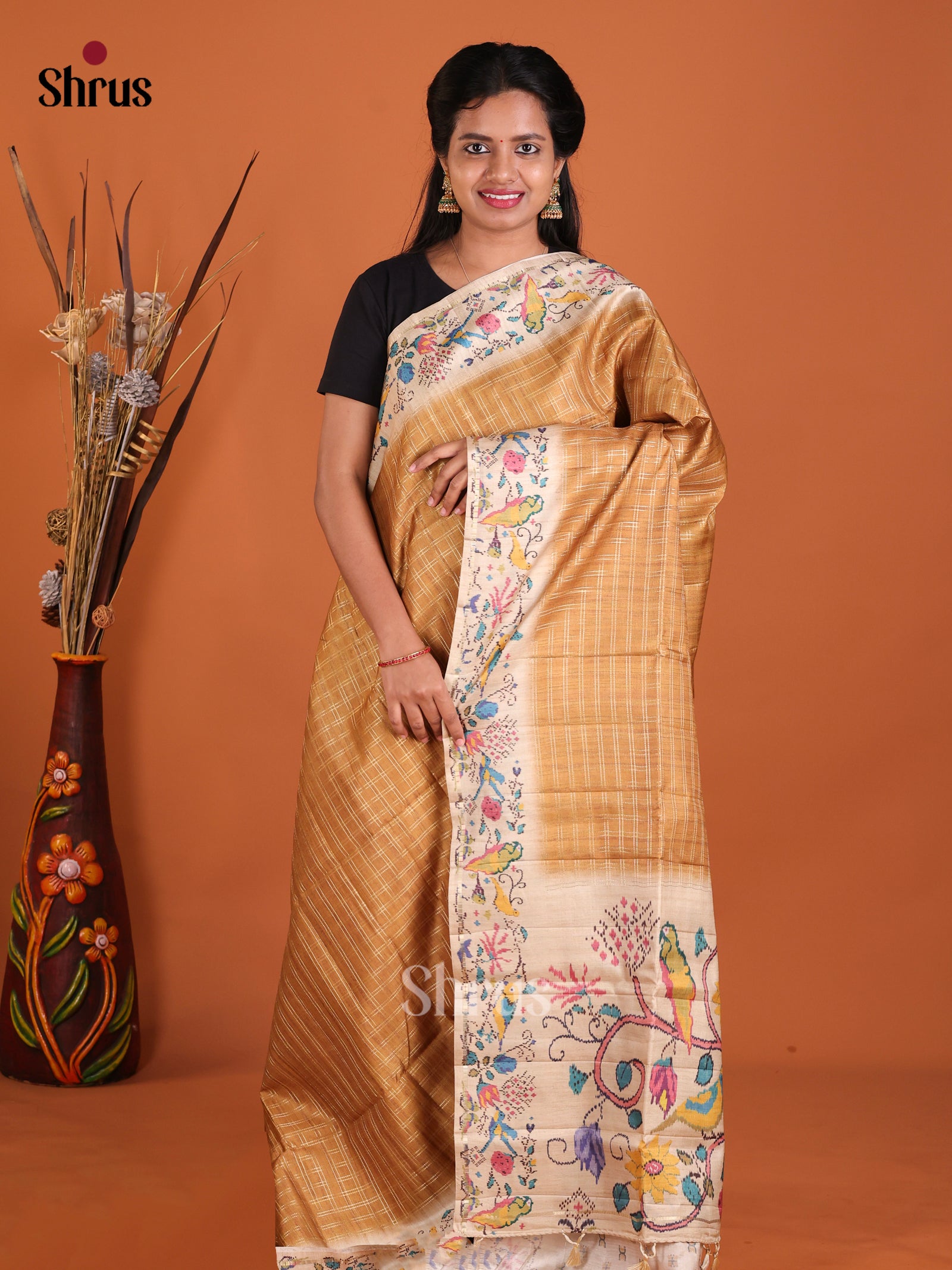 Mustard & Cream - Moonga Silk Saree