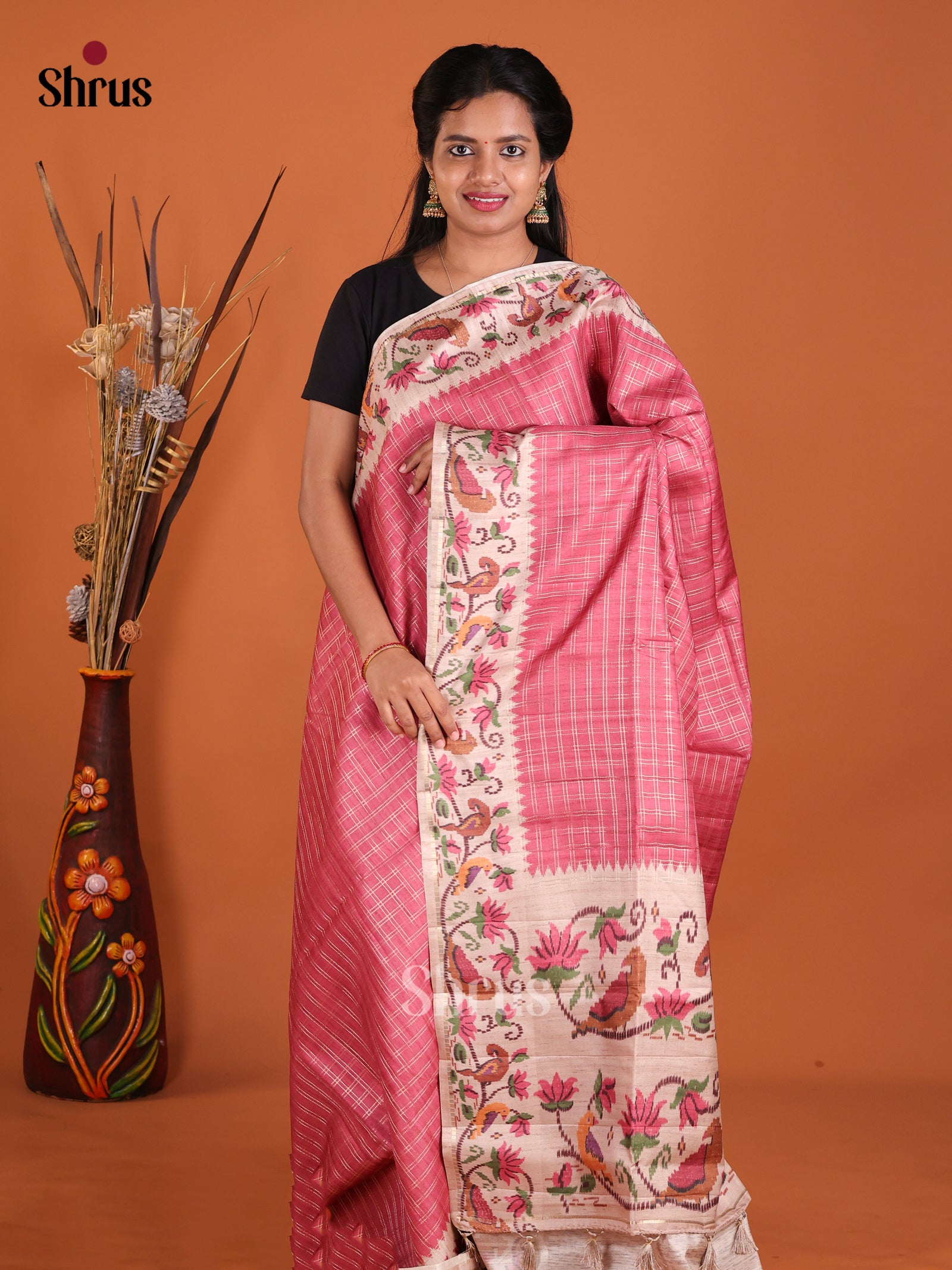 Dark Pink & Cream - Moonga Silk Saree