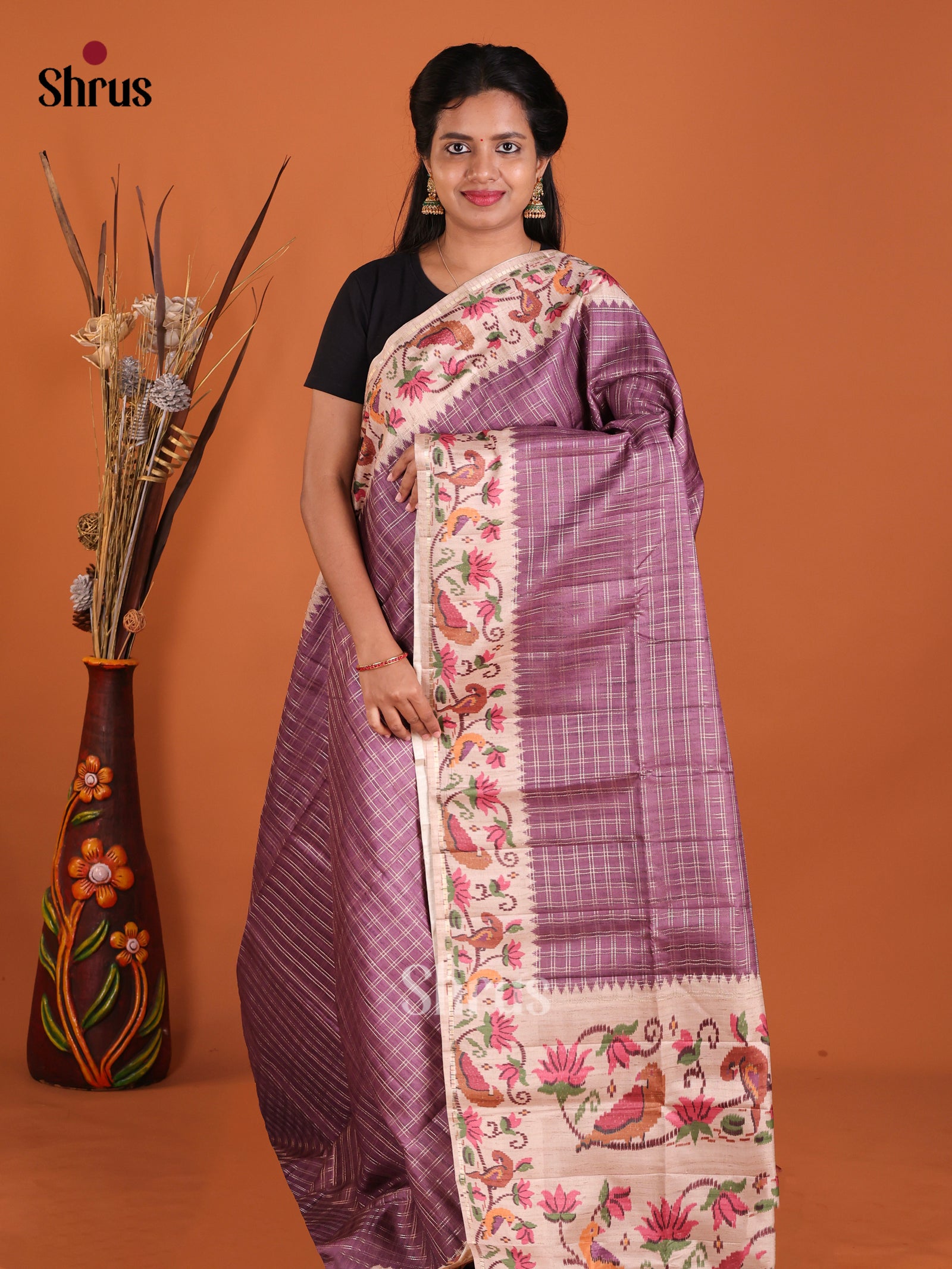 Purple & Cream- Moonga Silk Saree