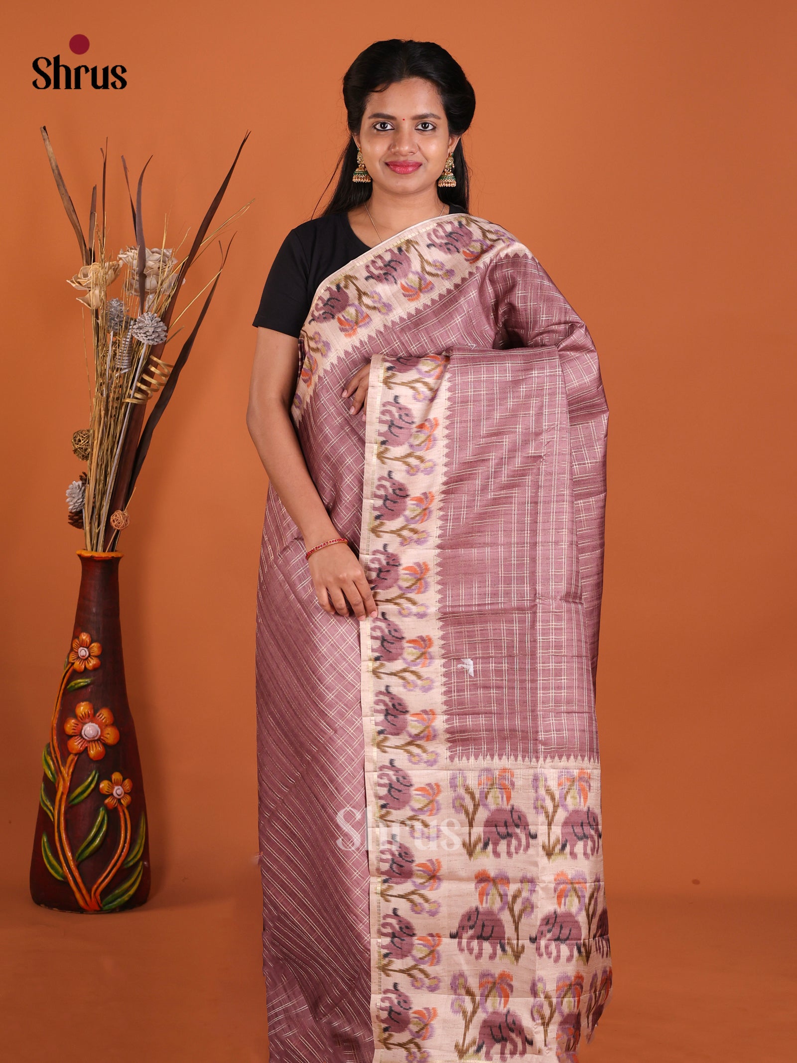 Dark Purple & Cream - Moonga Silk Saree
