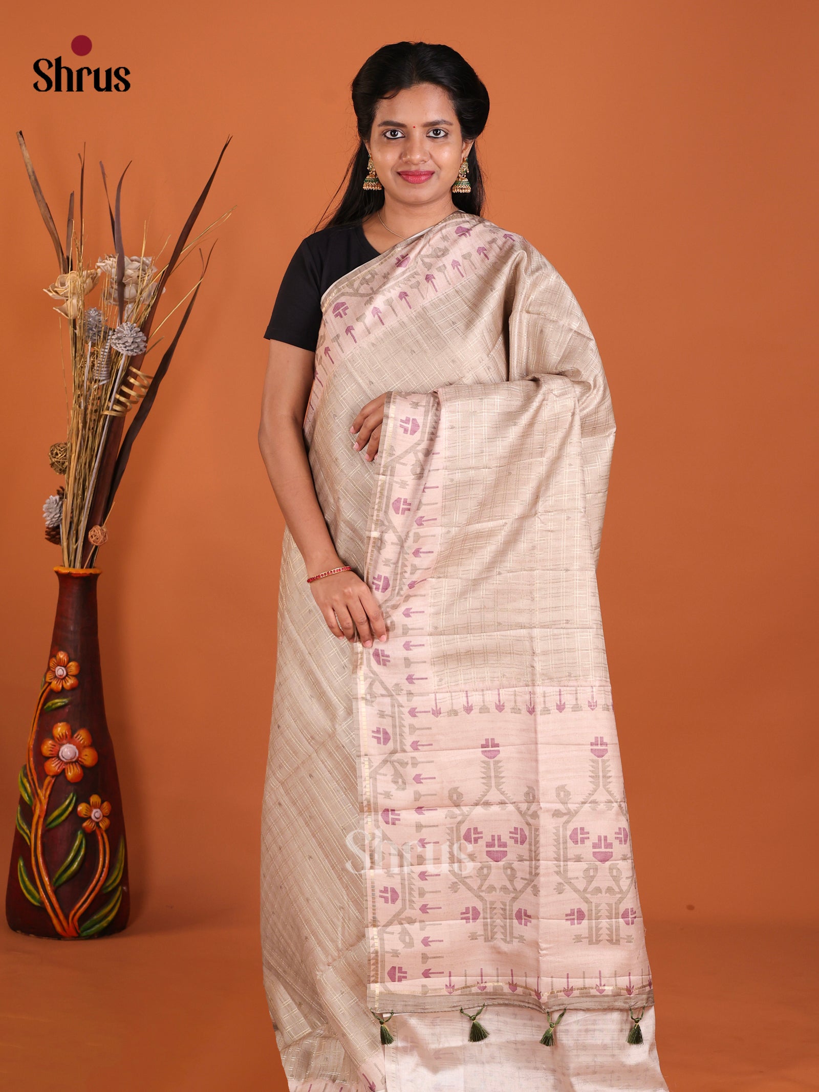 Grey & Cream  - Moonga Silk Saree