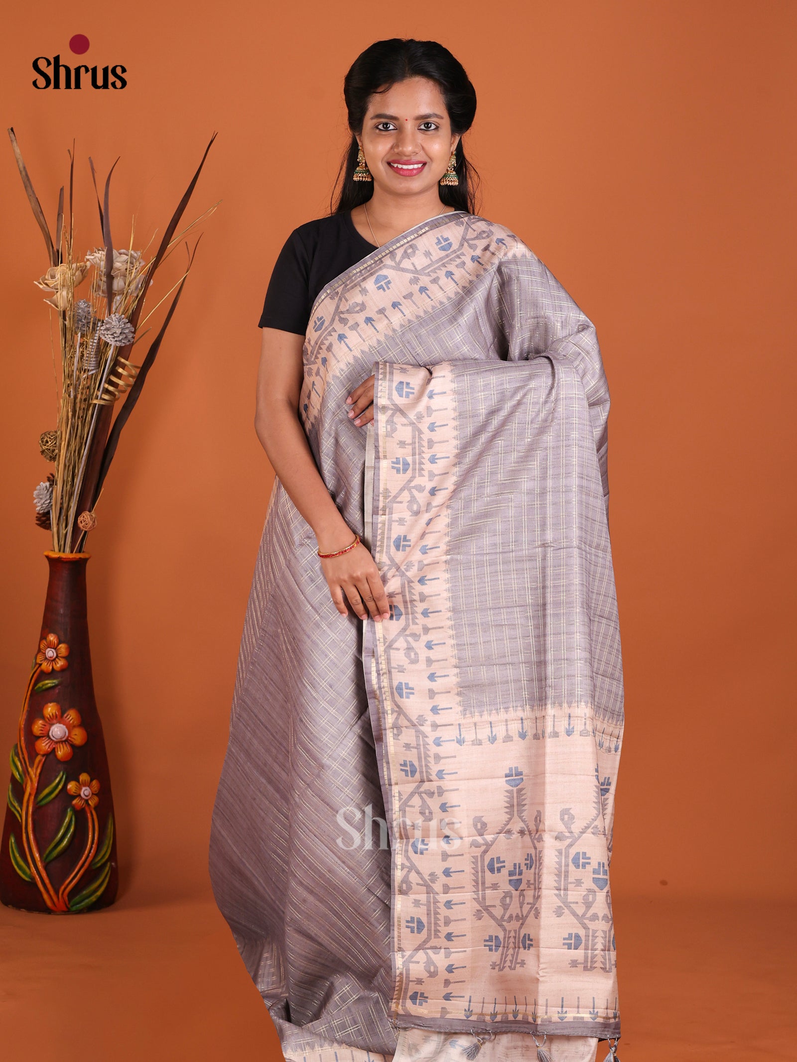 Grey & Cream - Moonga Silk Saree