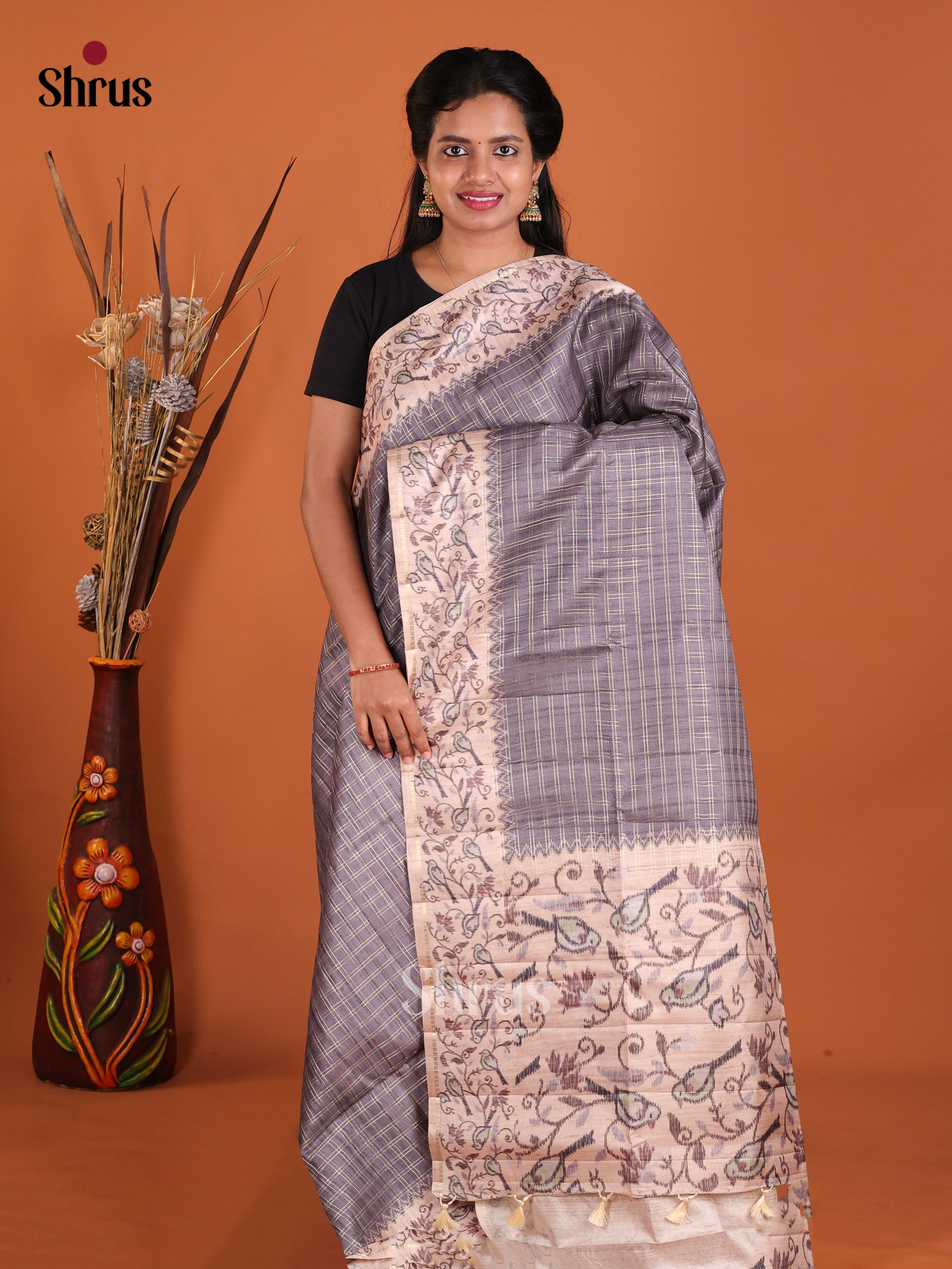 Grey & Cream - Moonga Silk Saree