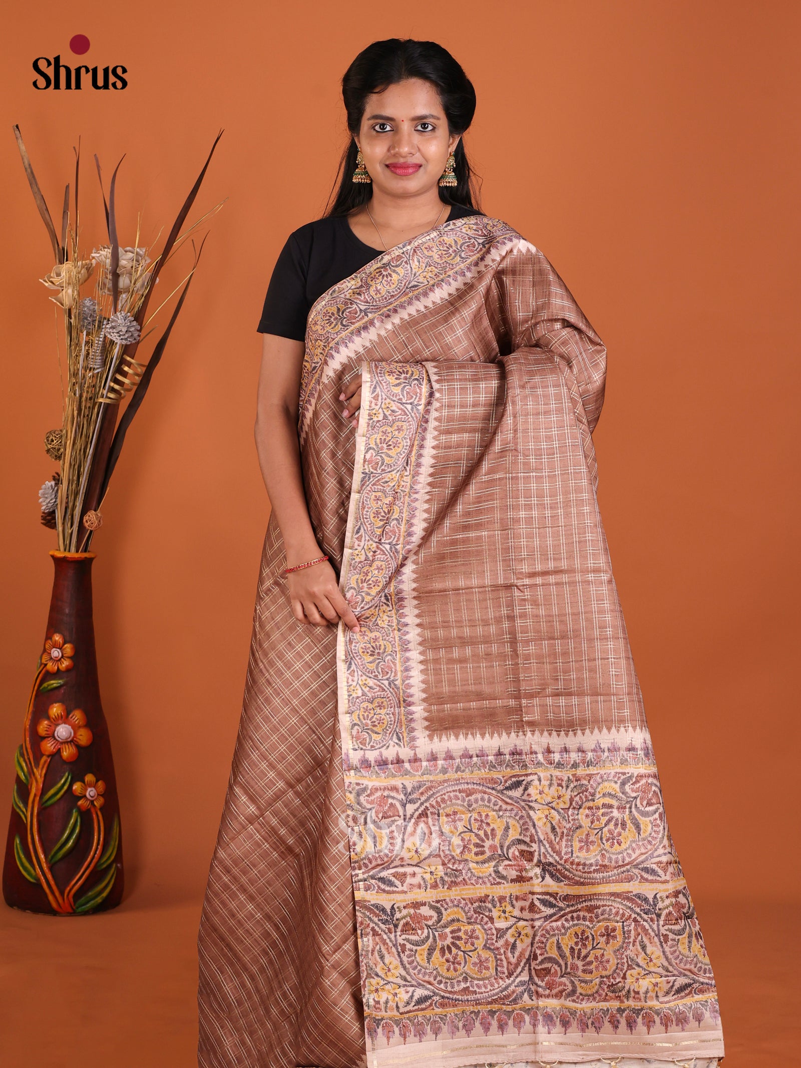 Brown & Cream - Moonga Silk Saree