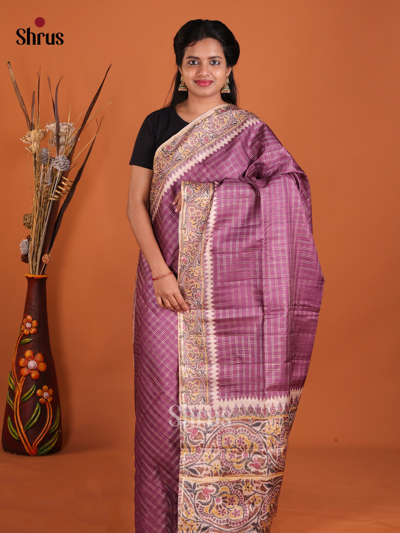 Purple & Cream - Moonga Silk Saree