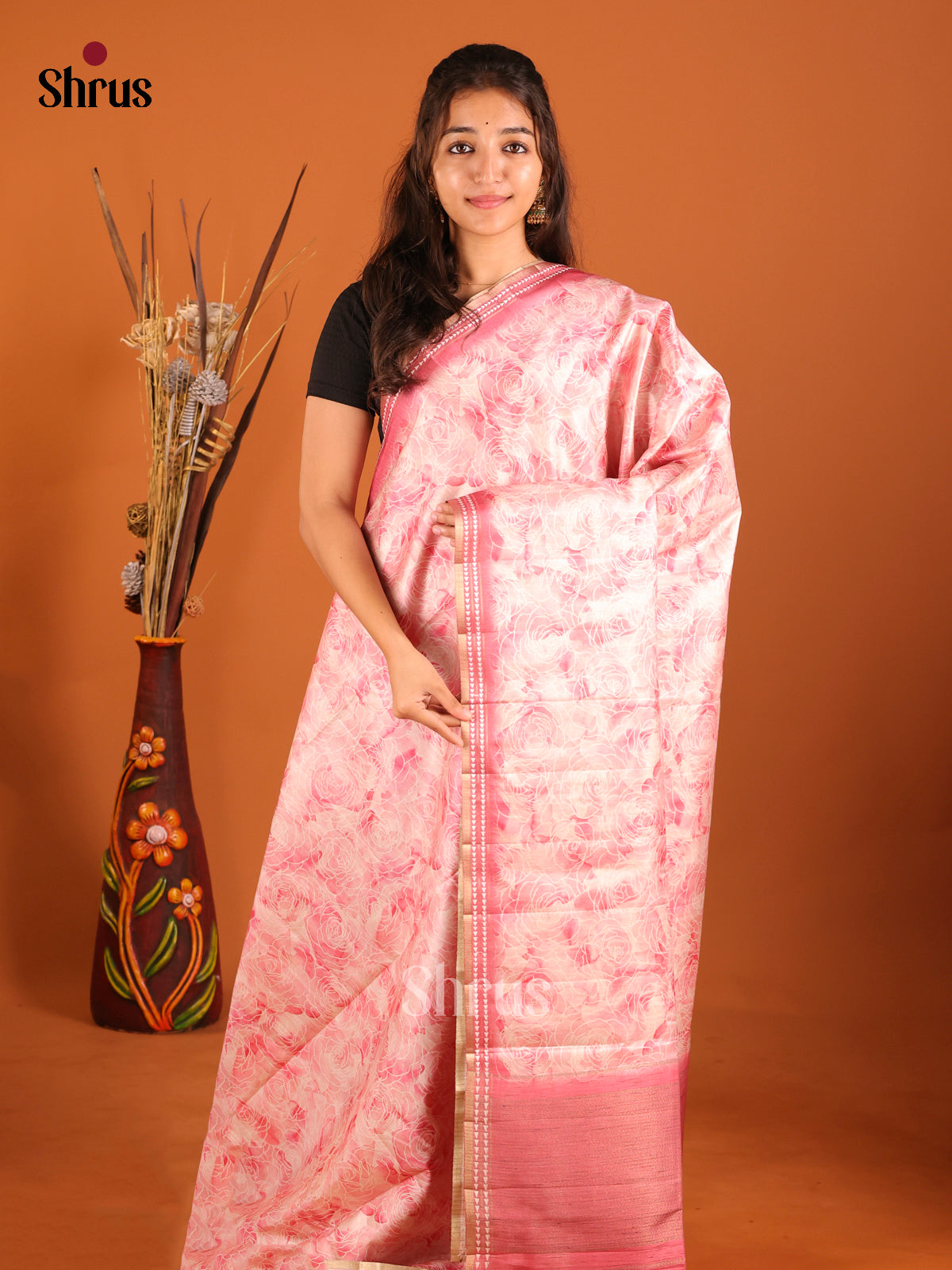 Cream & Pink - Semi matka Saree