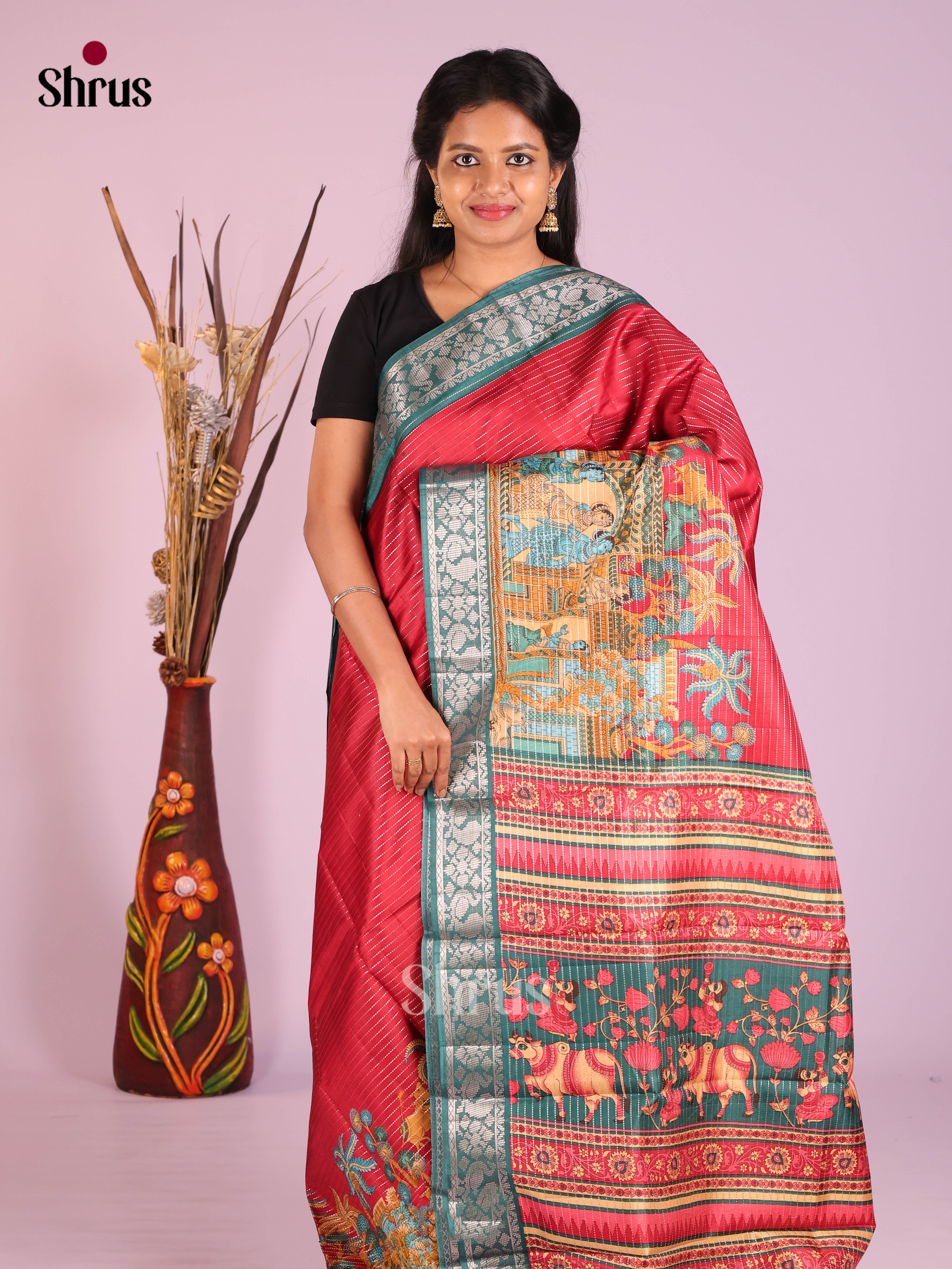 Red & Green - Semi Tussar Saree