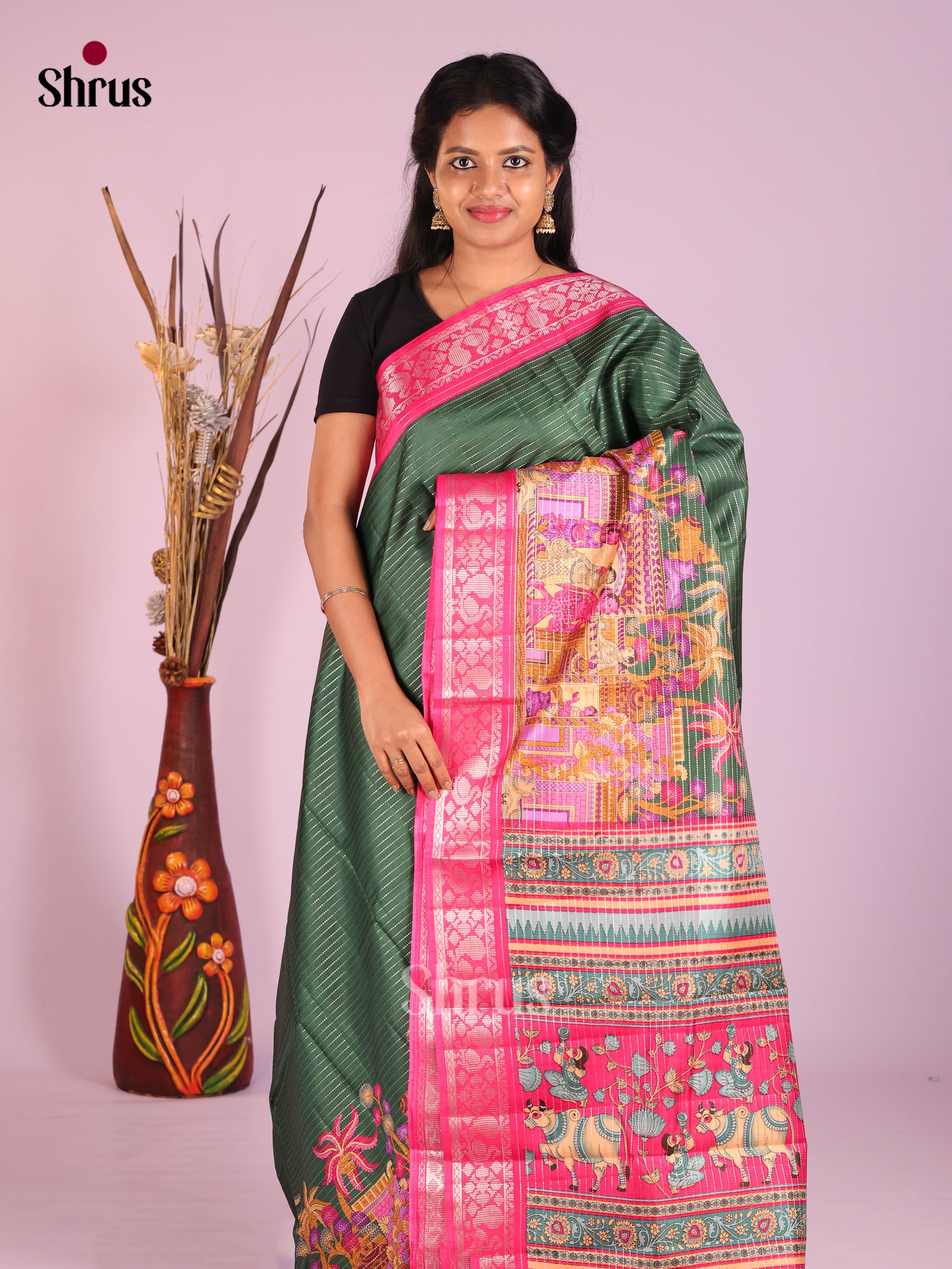 Green & Pink - Semi Tussar Saree