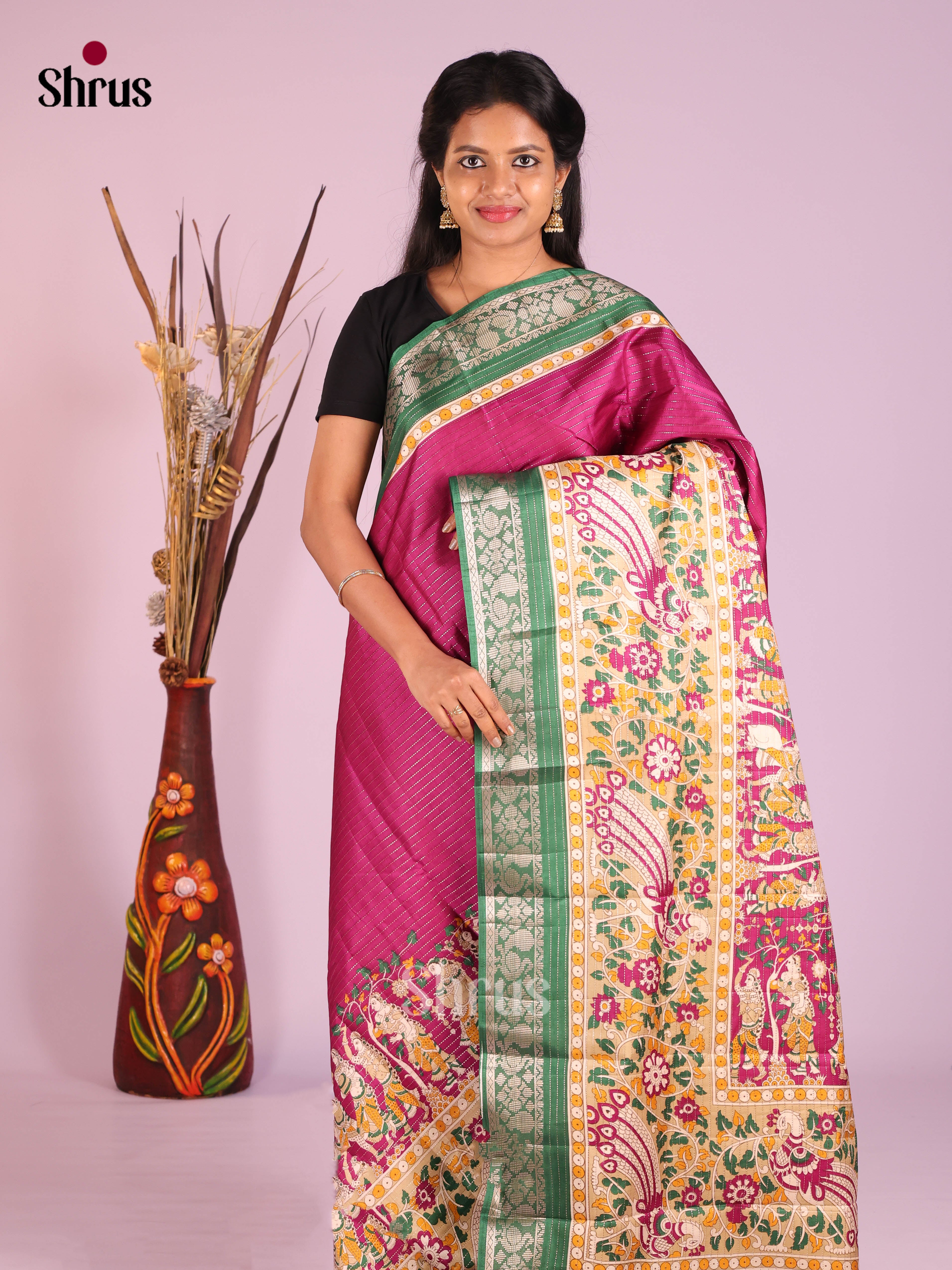 Purple & Green - Semi Tussar Saree