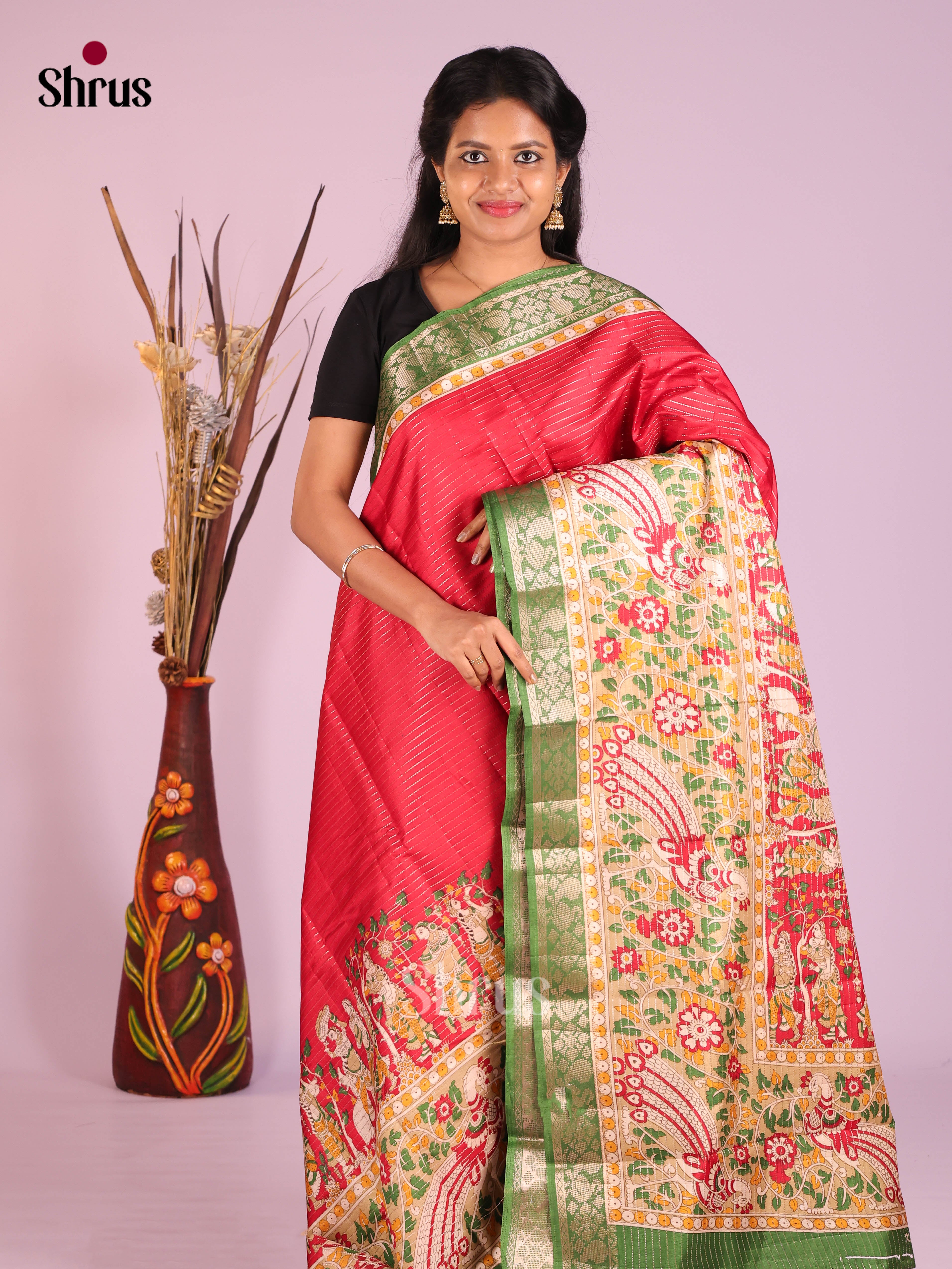 Red & Green  - Semi Tussar Saree