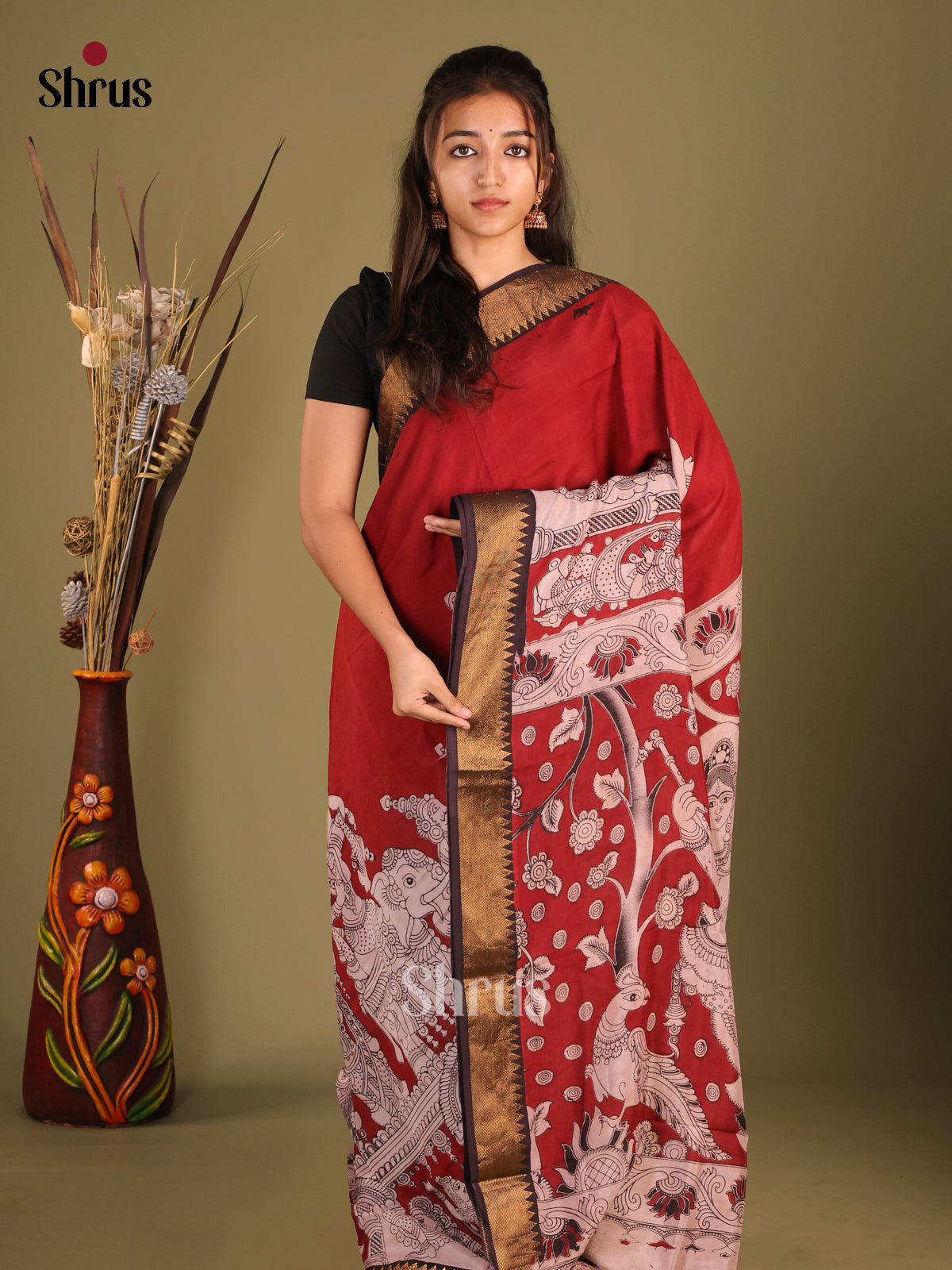Red & White - chennur-kalamkari Saree - Shop on Shrus.com