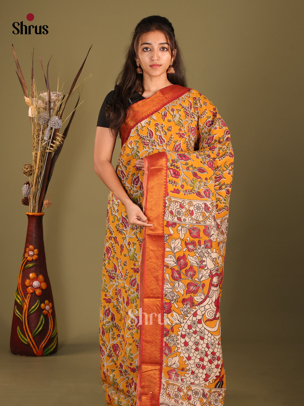 Mustard & Red  - chennur-kalamkari Saree - Shop on Shrus.com