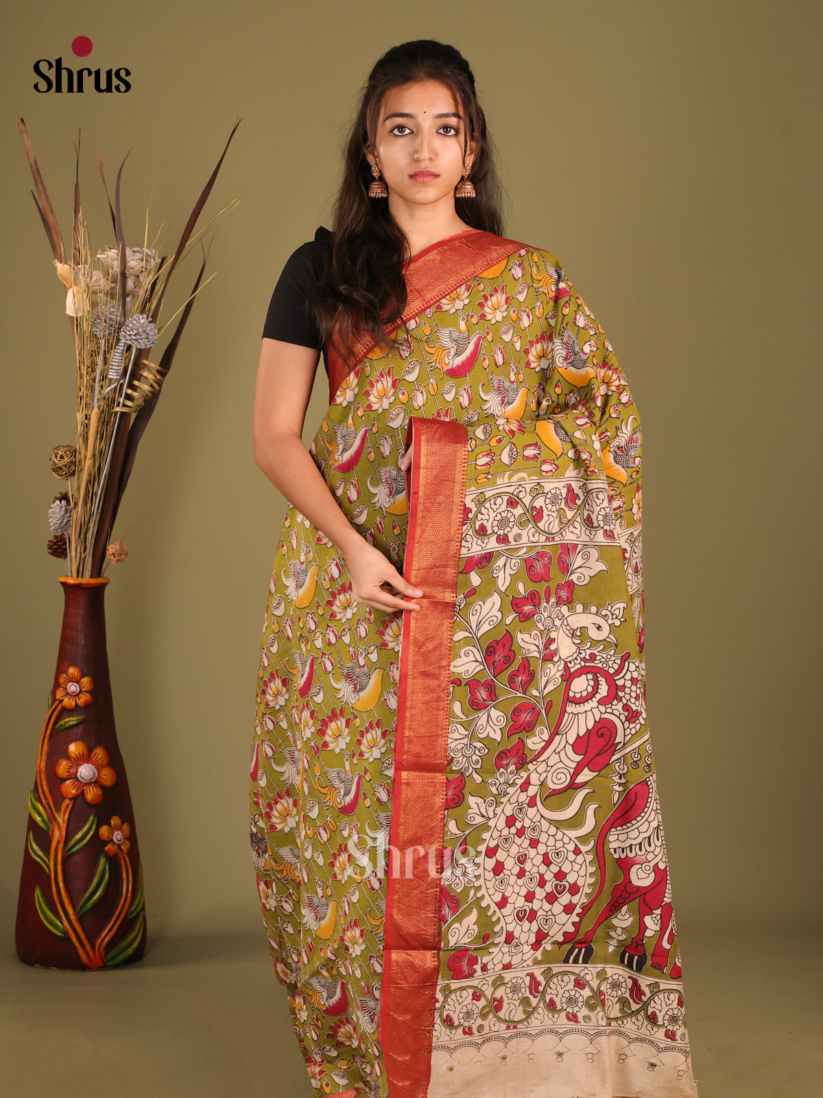 Green & Red - chennur-kalamkari Saree - Shop on Shrus.com