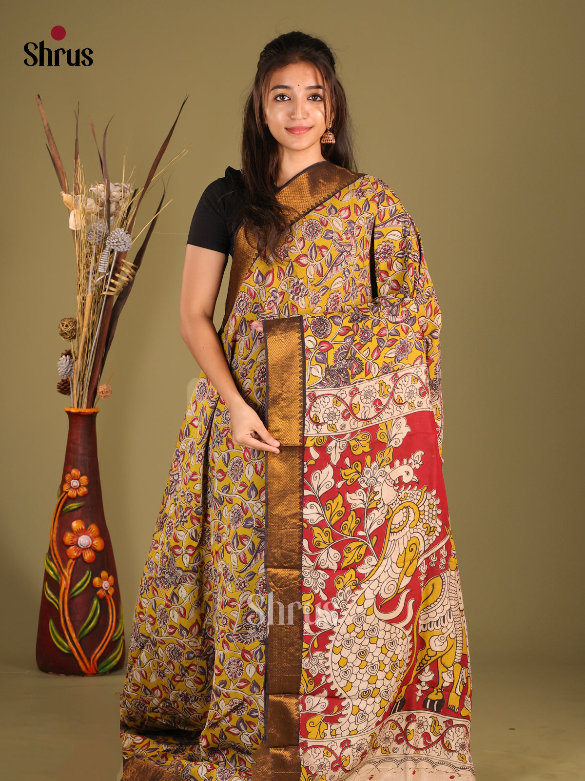 Mustard & Red- chennur-kalamkari Saree - Shop on Shrus.com