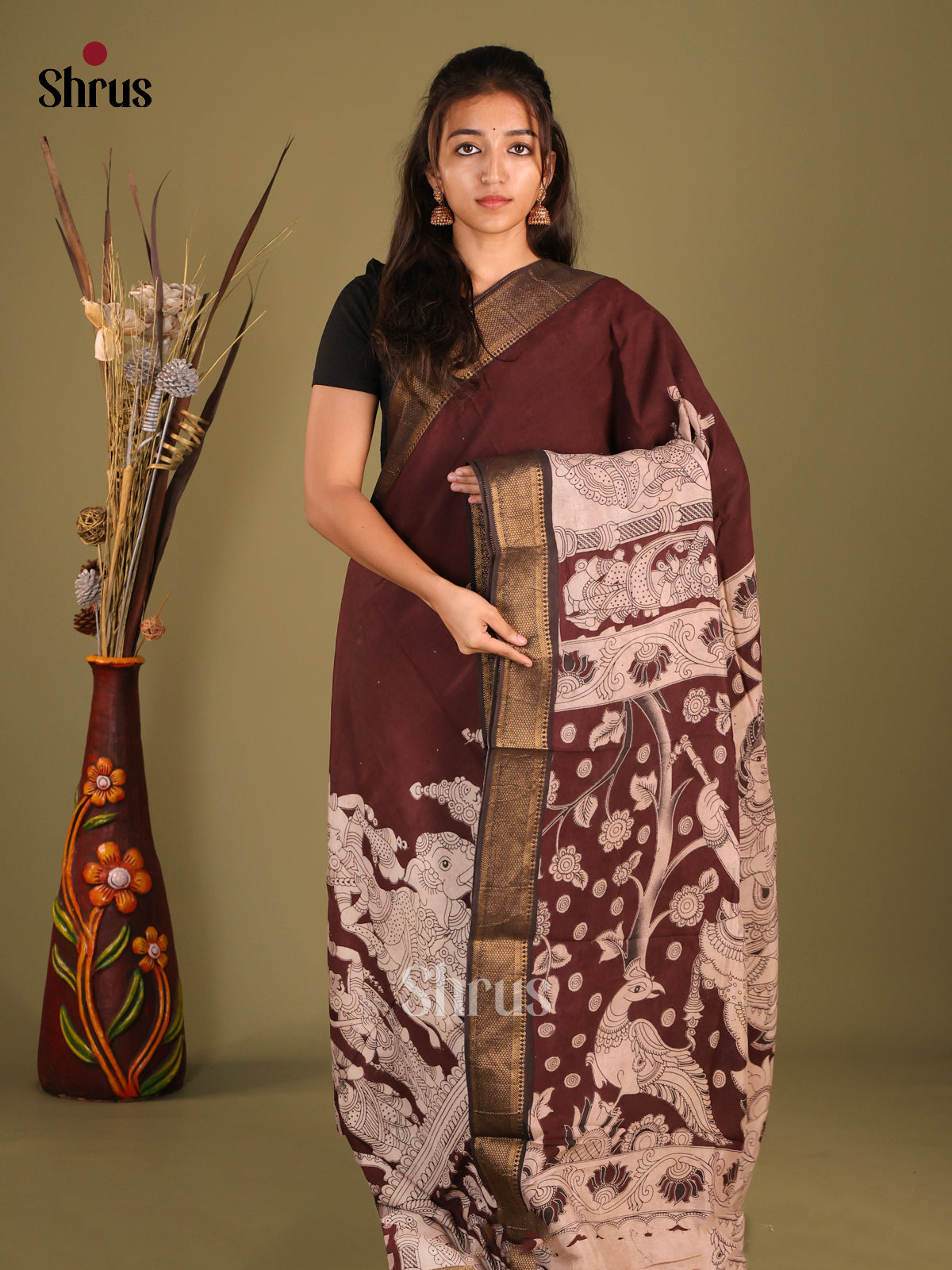 Brown & White - chennur-kalamkari Saree