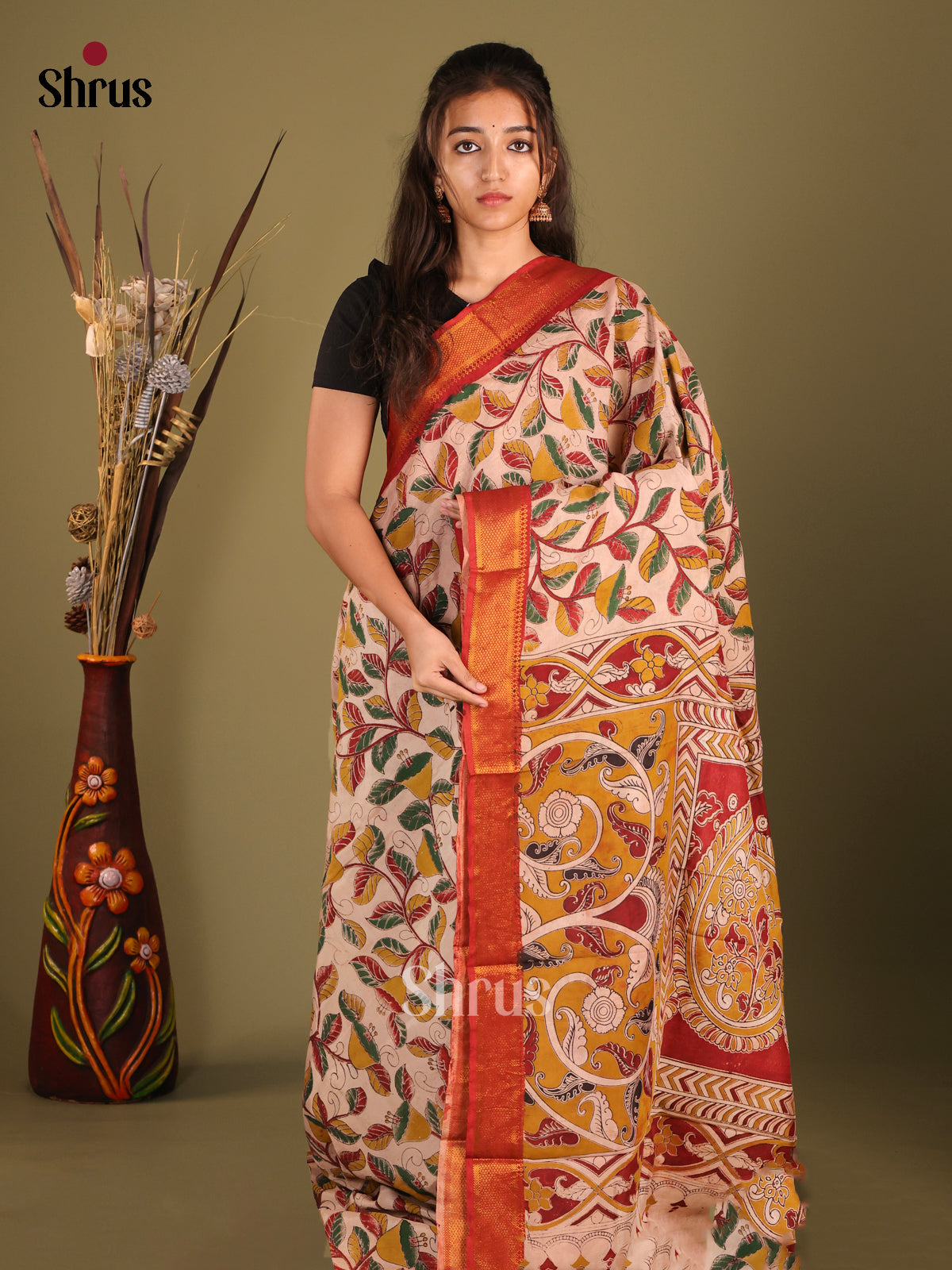 Cream & Red- chennur-kalamkari Saree