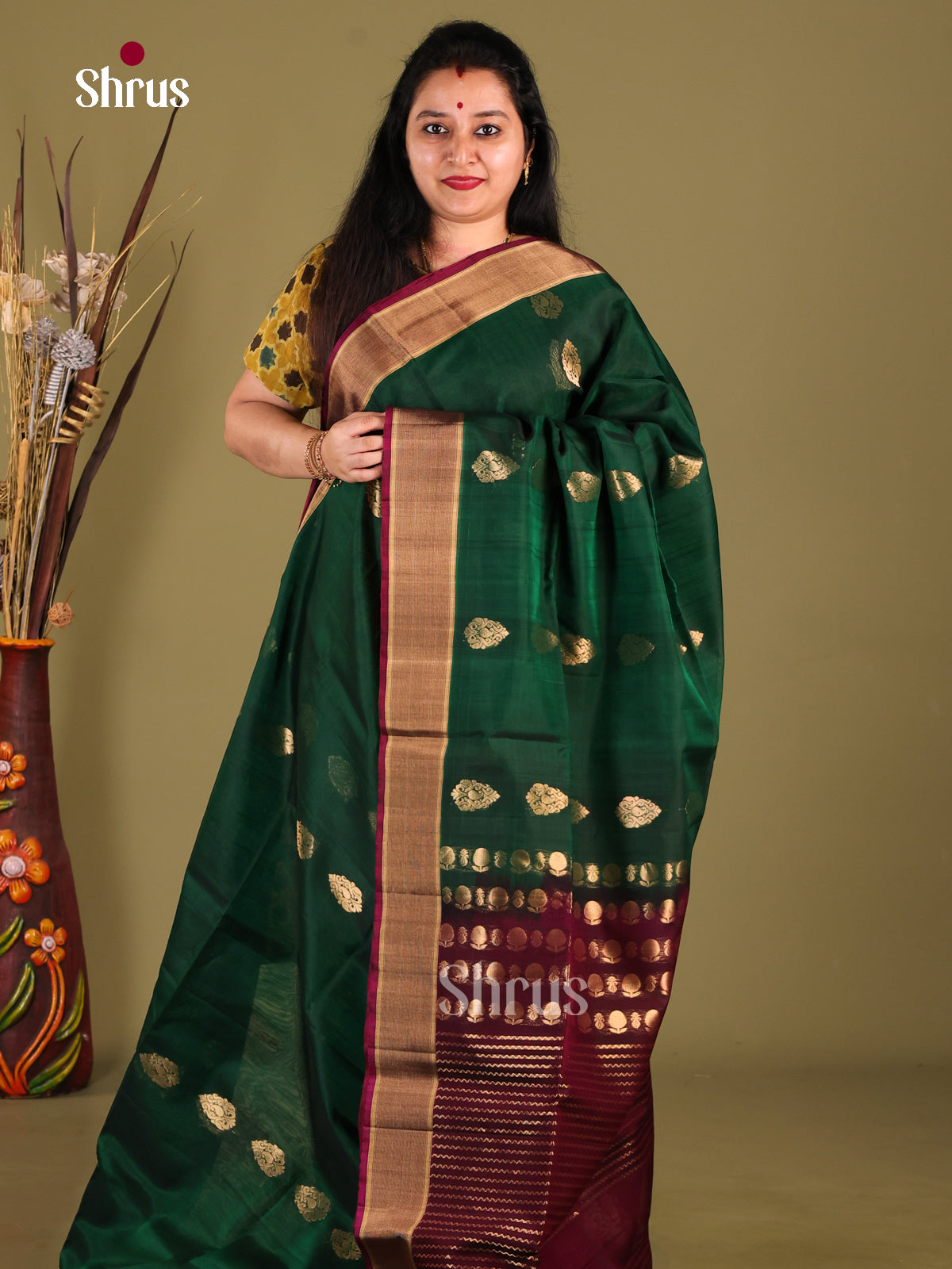 Green & Maroon - Silk Cotton Saree - Shop on Shrus.com