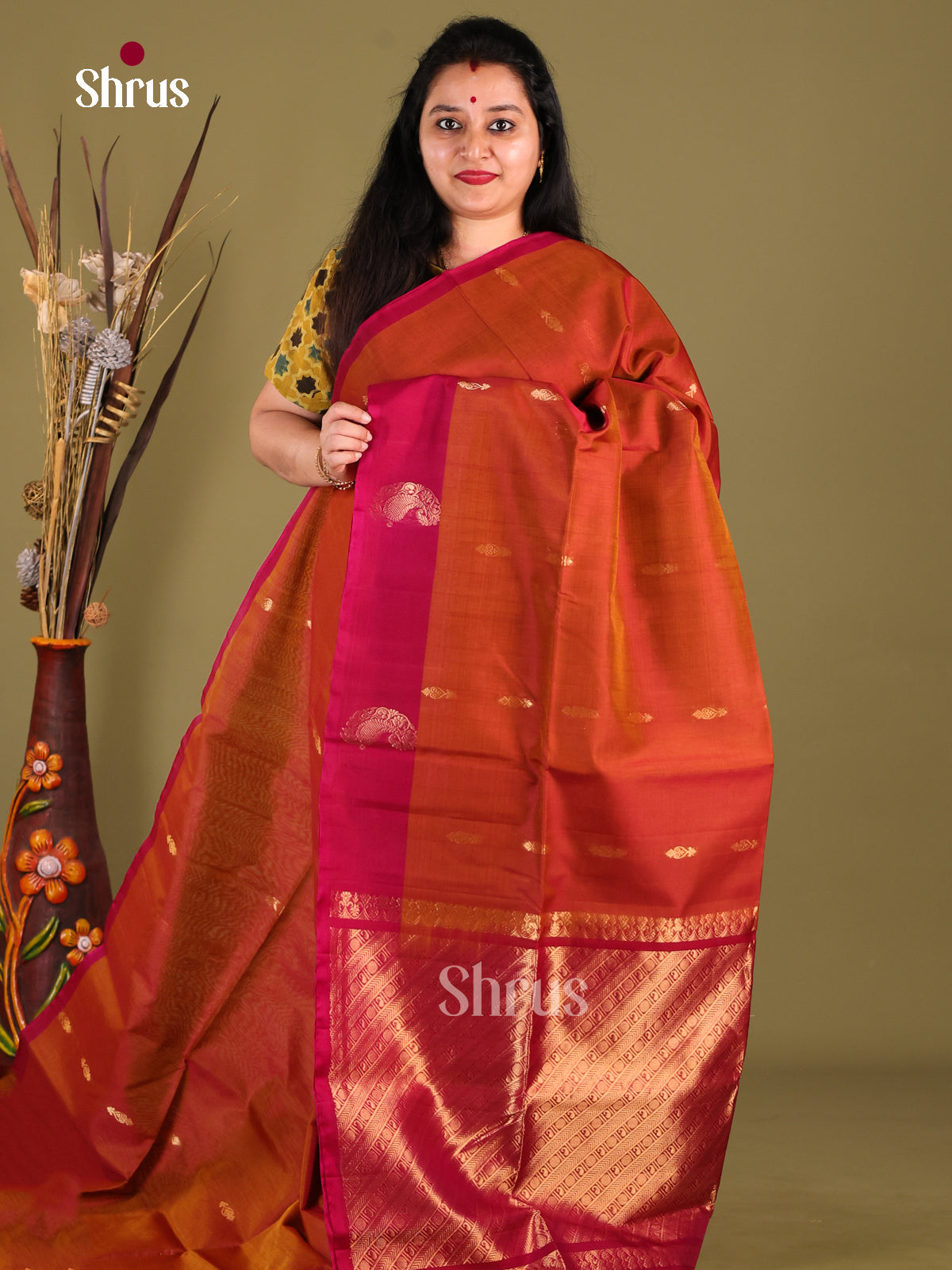 Rust & Maroon- Silk Cotton Saree - Shop on Shrus.com