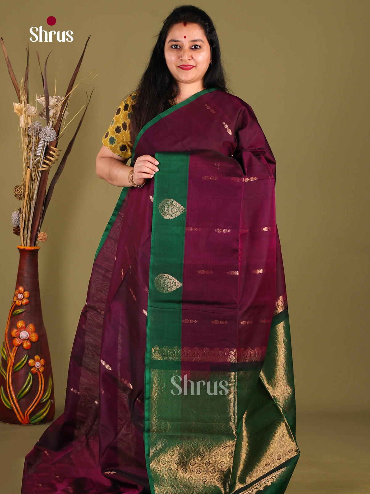 Wine & Green- Silk Cotton Saree - Shop on Shrus.com