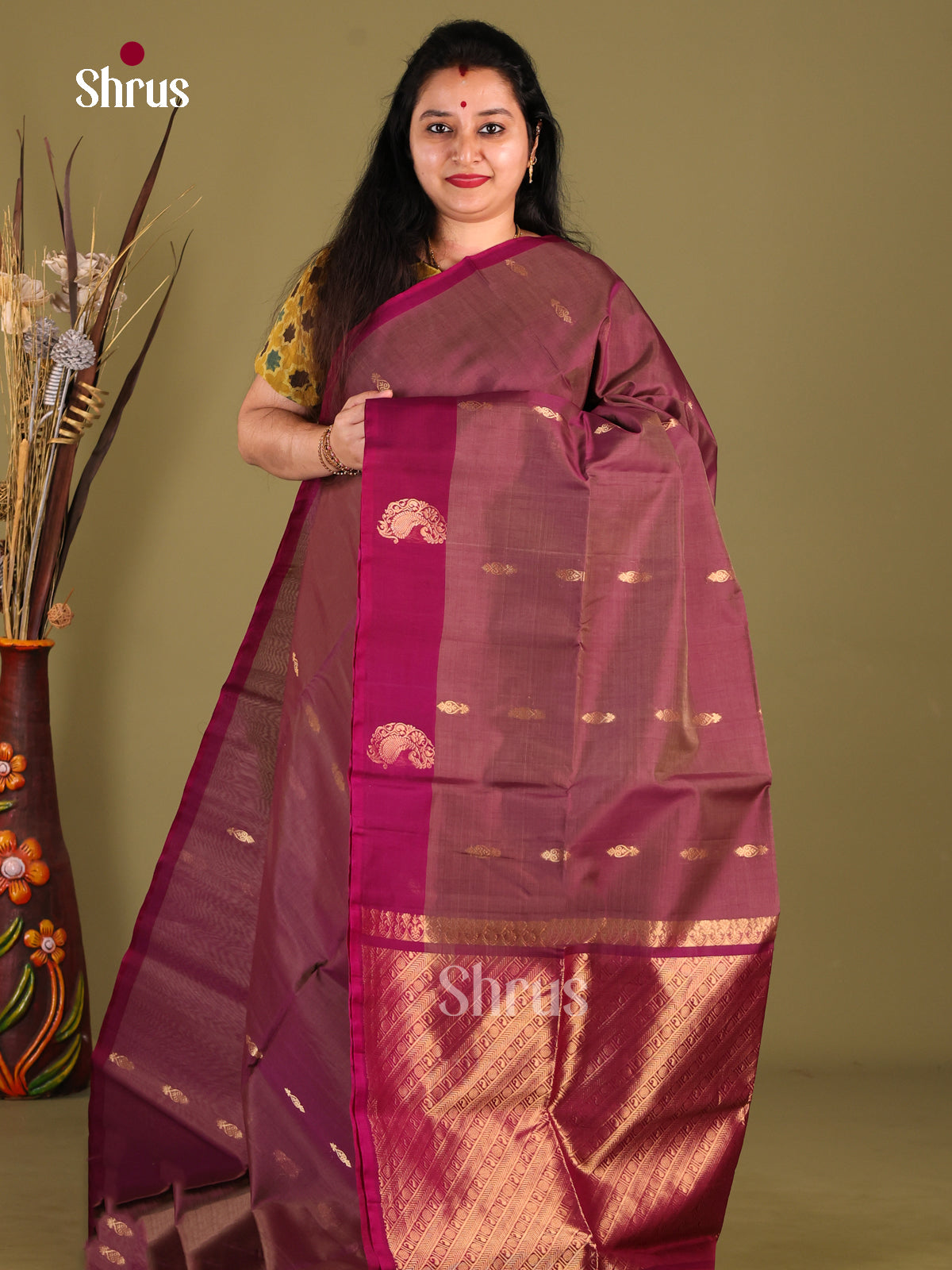 Double Shaded Brown & Maroon- Silk Cotton Saree - Shop on Shrus.com