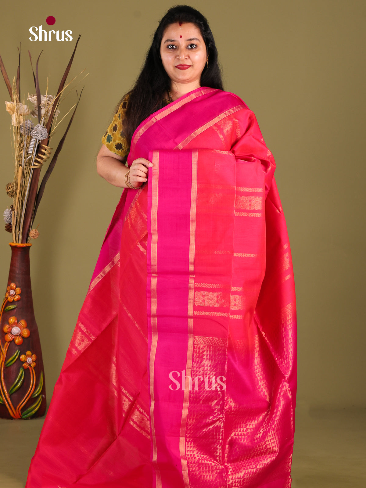 Peachish Pink & Pink - Silk Cotton Saree - Shop on Shrus.com