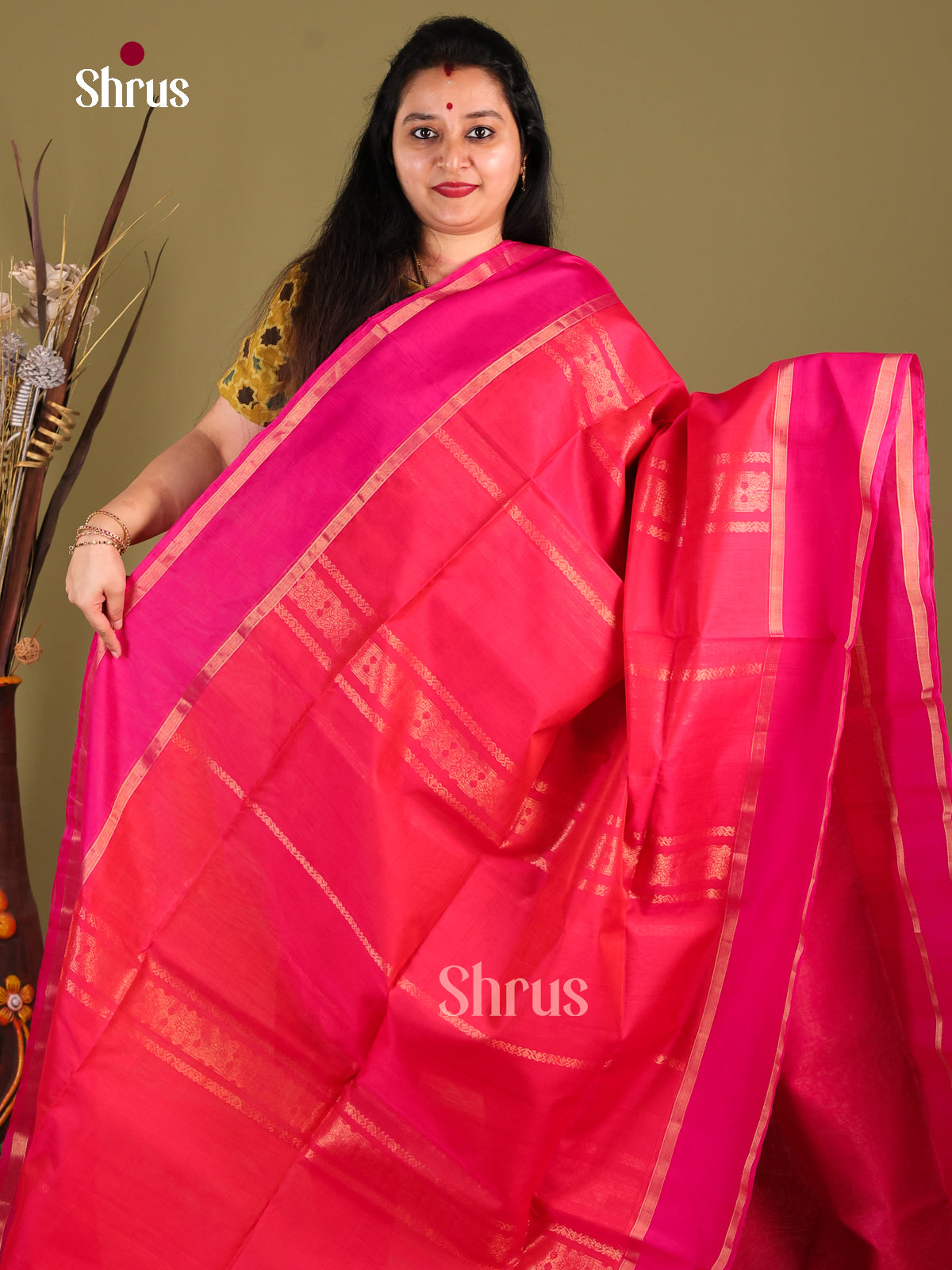 Peachish Pink & Pink - Silk Cotton Saree - Shop on Shrus.com