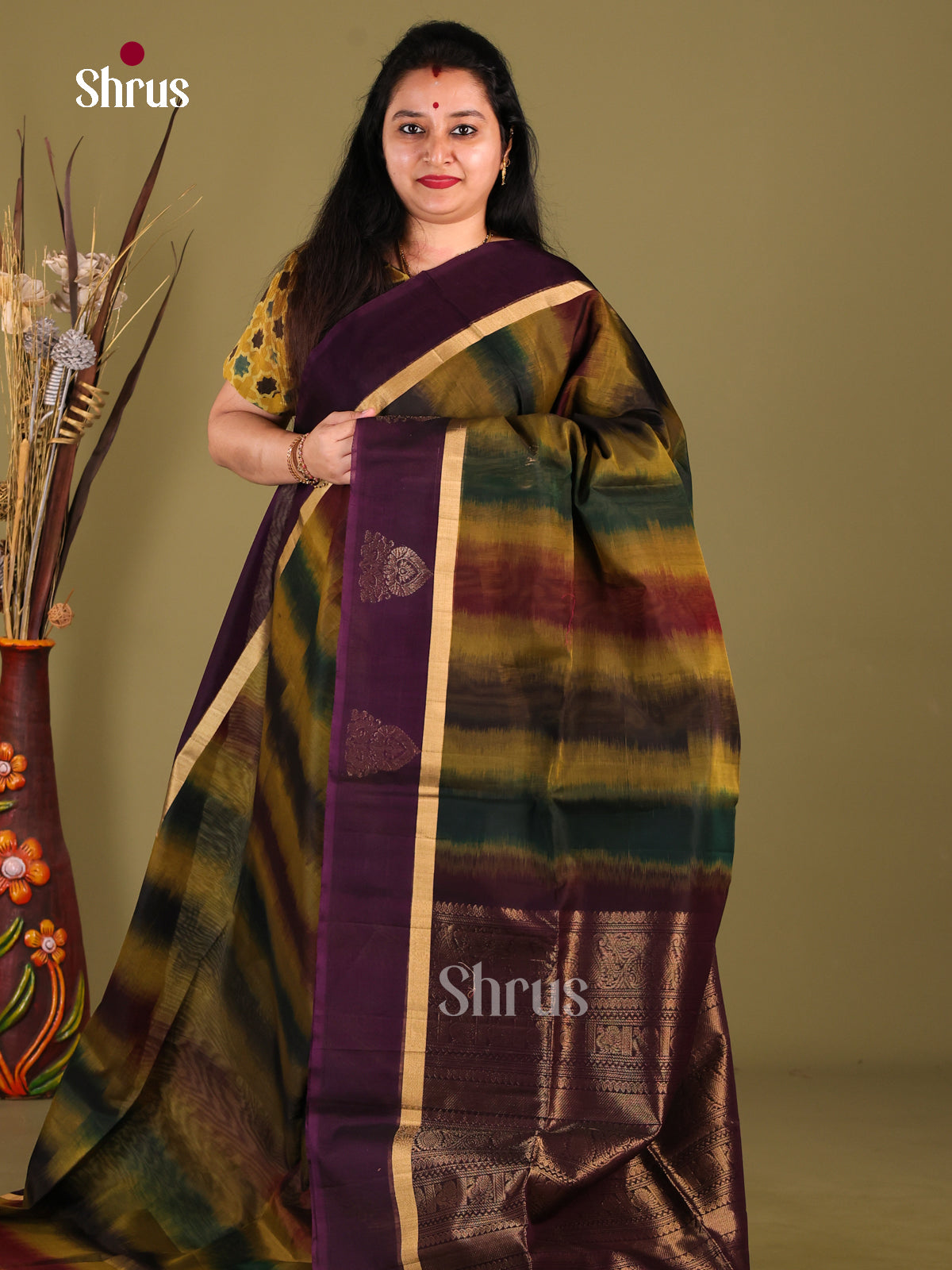 Multicolor & Violet - Silk Cotton Saree - Shop on Shrus.com