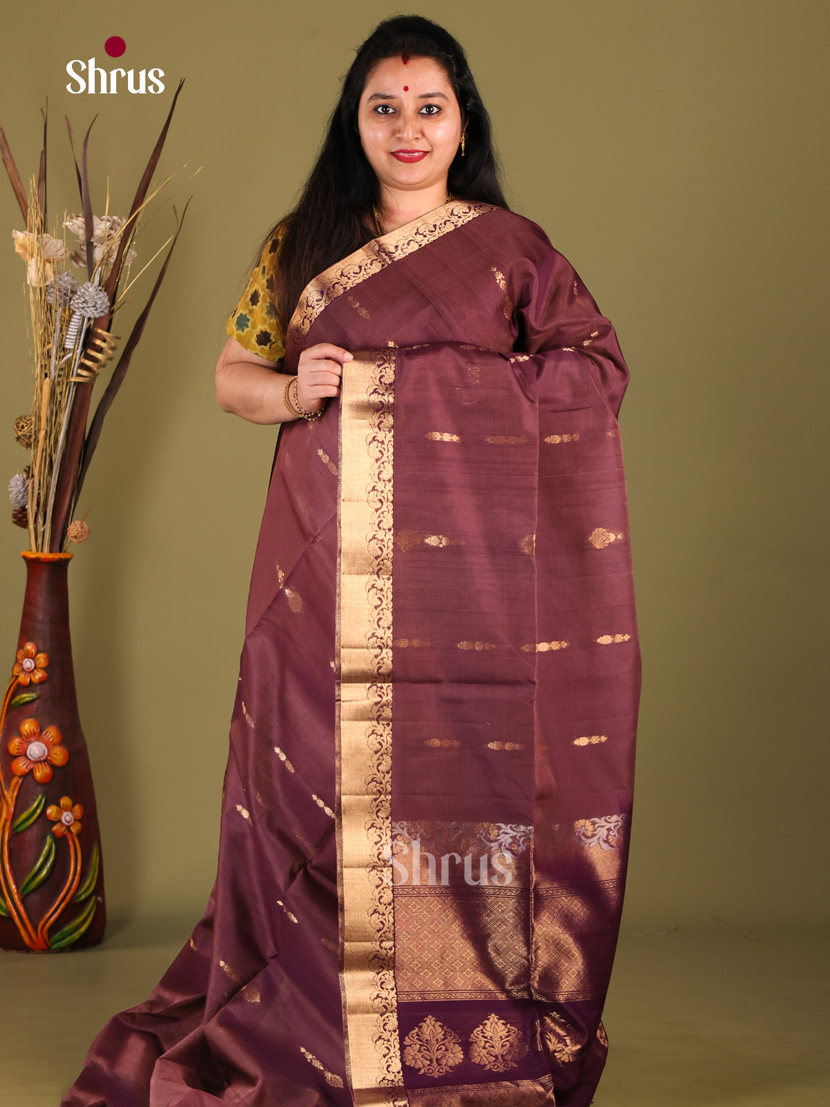 Brown & Violet - Silk Cotton Saree