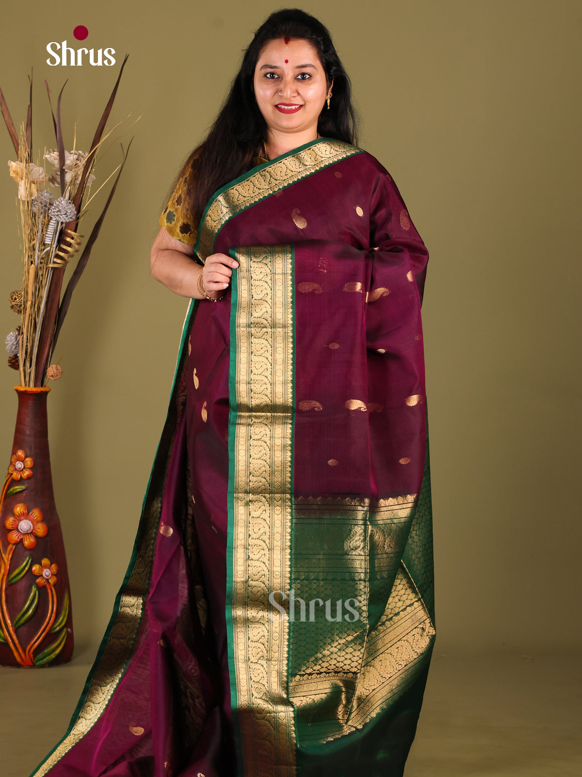 Maroon & Green- Silk Cotton Saree - Shop on Shrus.com