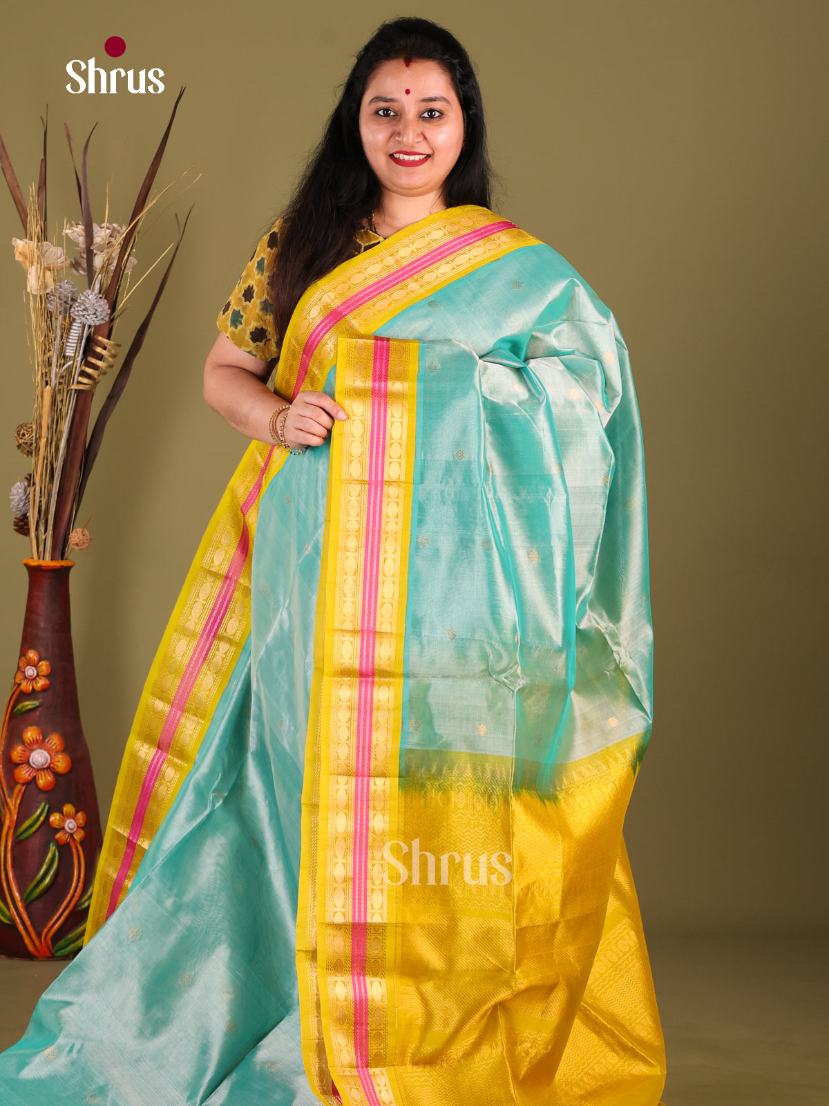 Pastel Blue & Yellow Silk Cotton  Korvai-Small border Saree - Shop on Shrus.com
