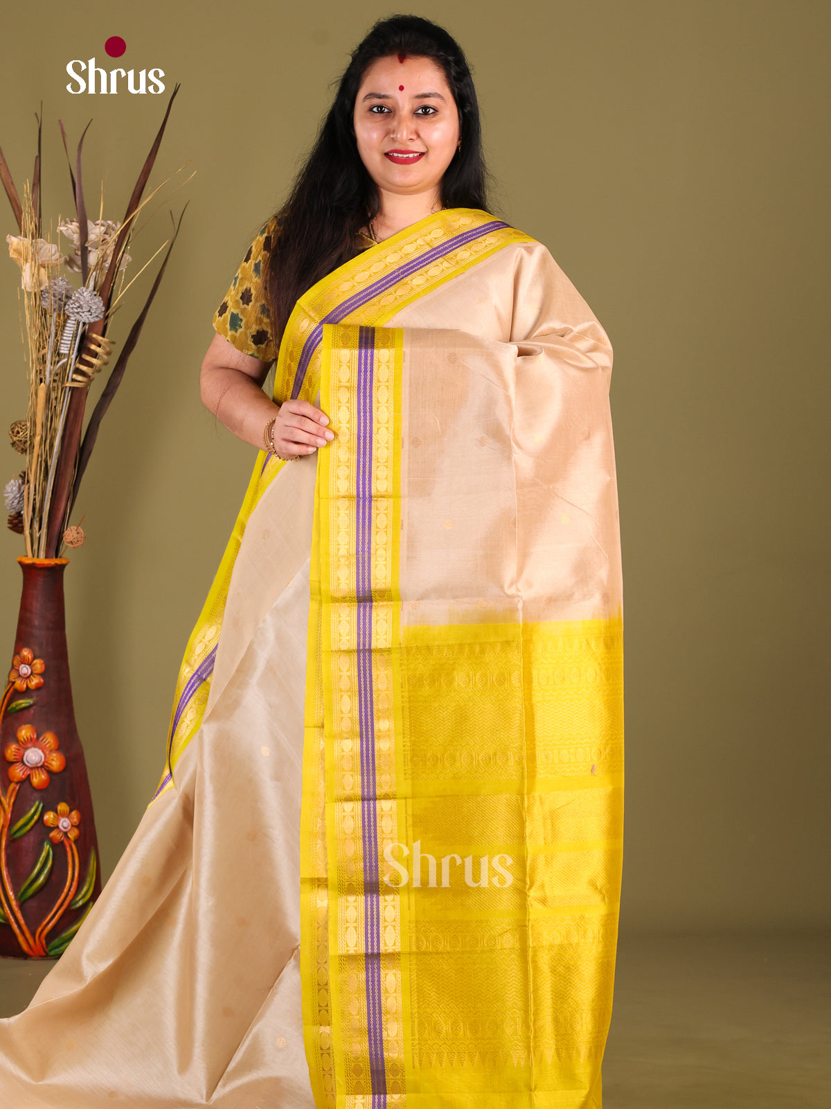 Cream & Lime Green Silk Cotton Korvai-Small border Saree
