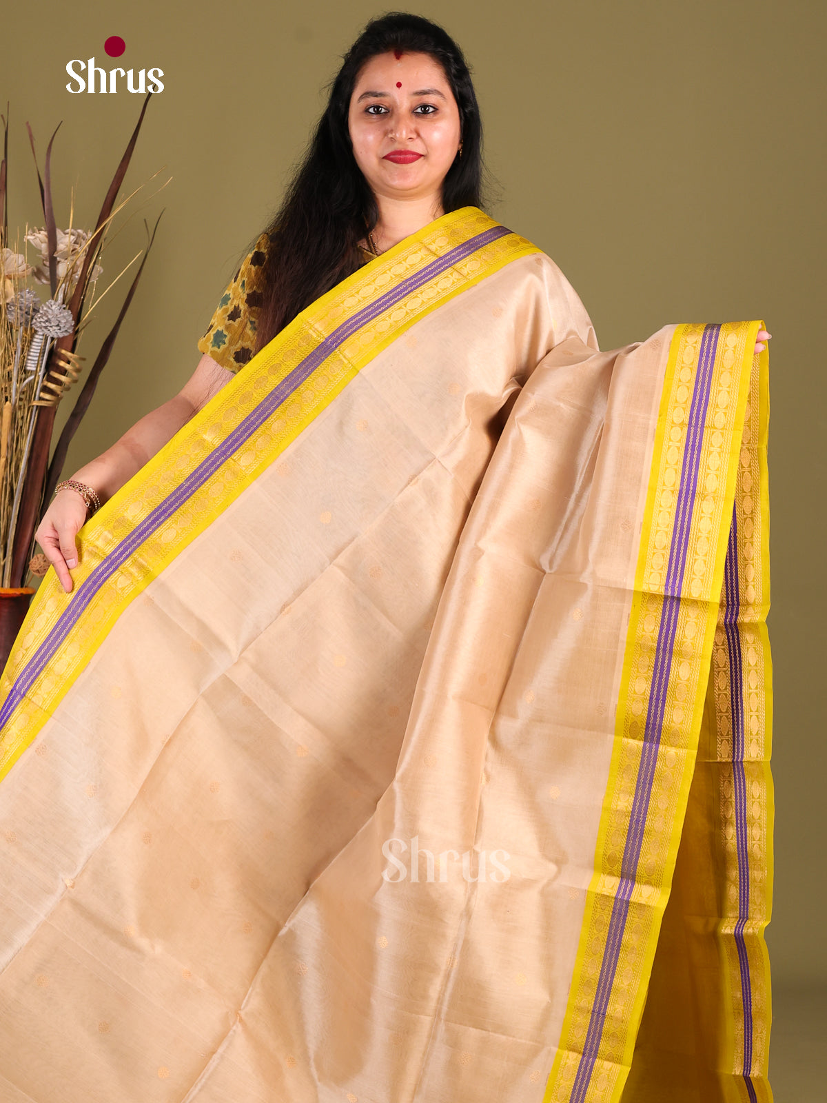 Cream & Lime Green Silk Cotton Korvai-Small border Saree