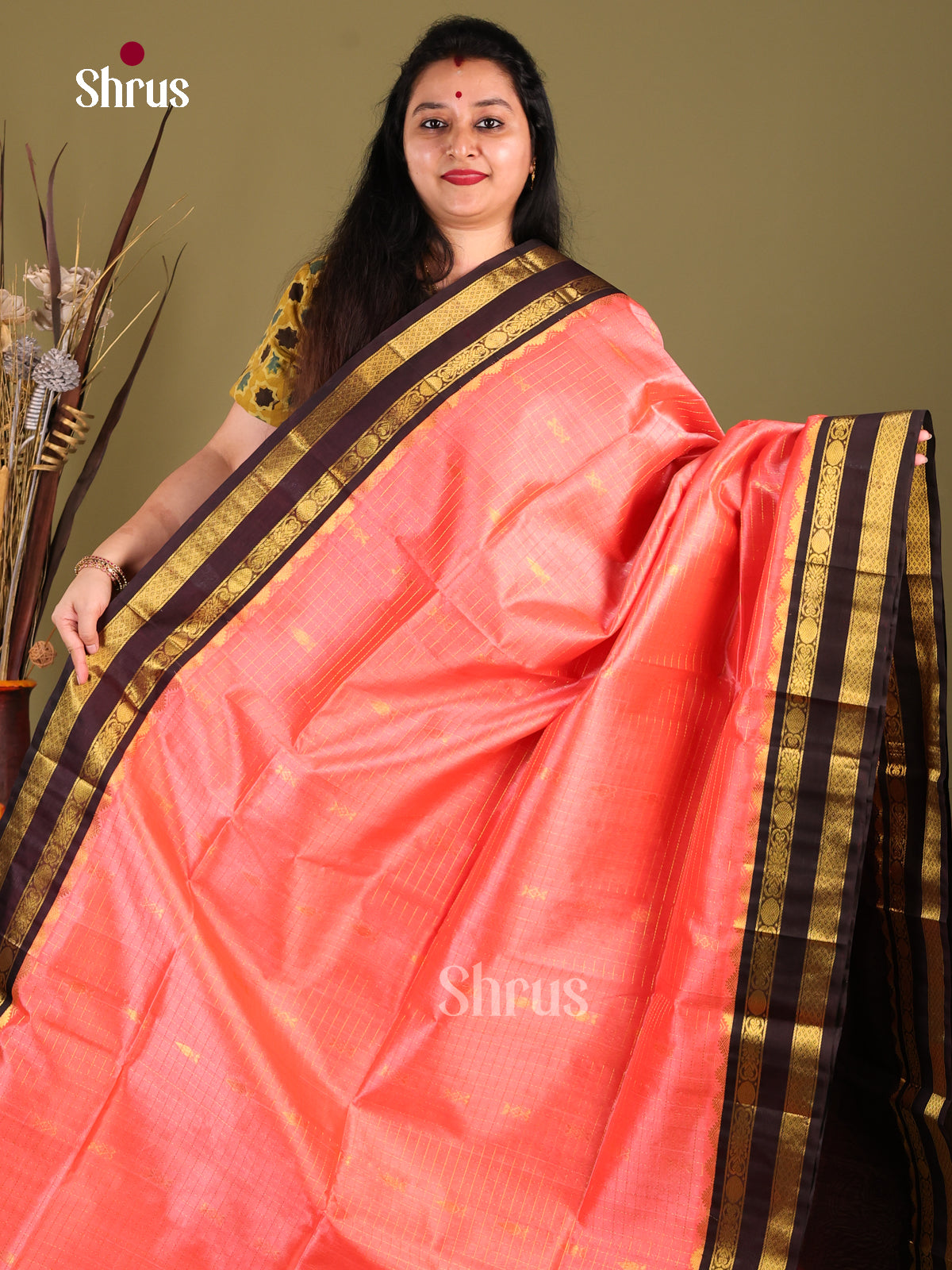 Peach & brown Silk Cotton Korvai-kattams Saree - Shop on Shrus.com