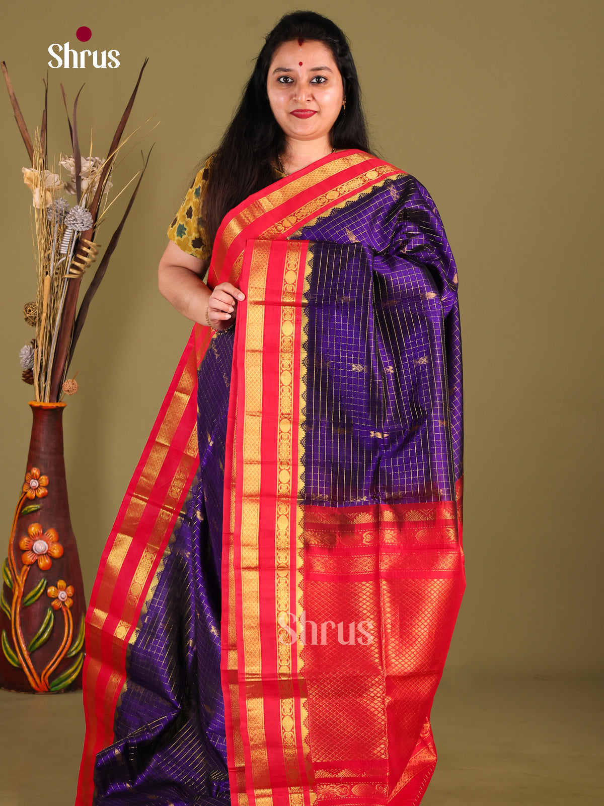 Blue & Red  Silk Cotton Korvai-kattams Saree