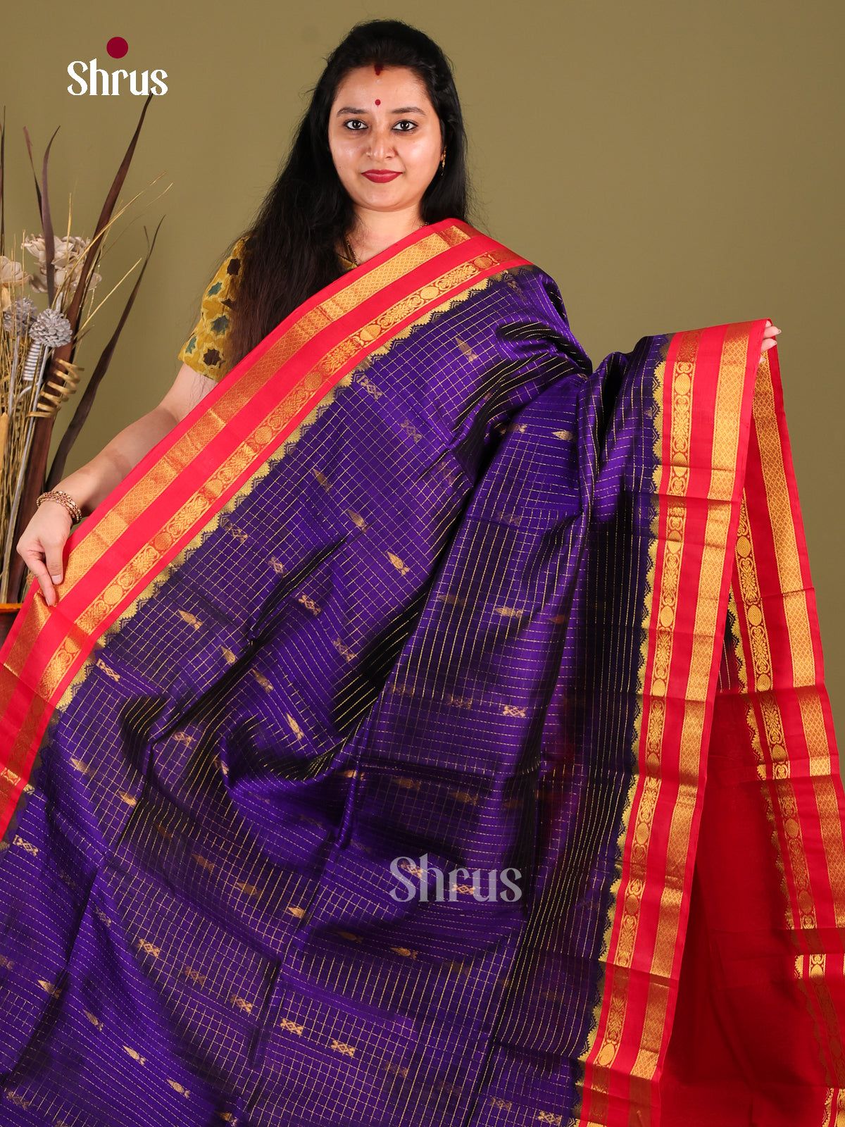 Blue & Red  Silk Cotton Korvai-kattams Saree