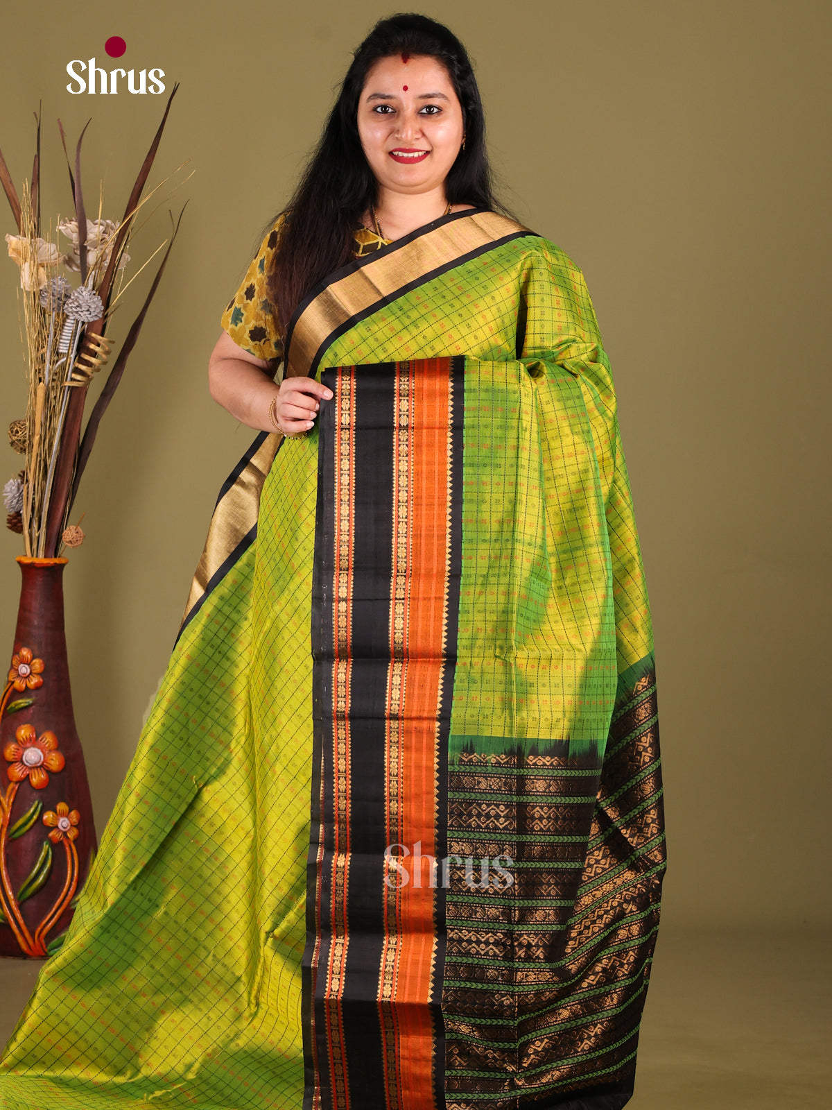 Light Green & Black Silk Cotton  Korvai-kattams Saree - Shop on Shrus.com