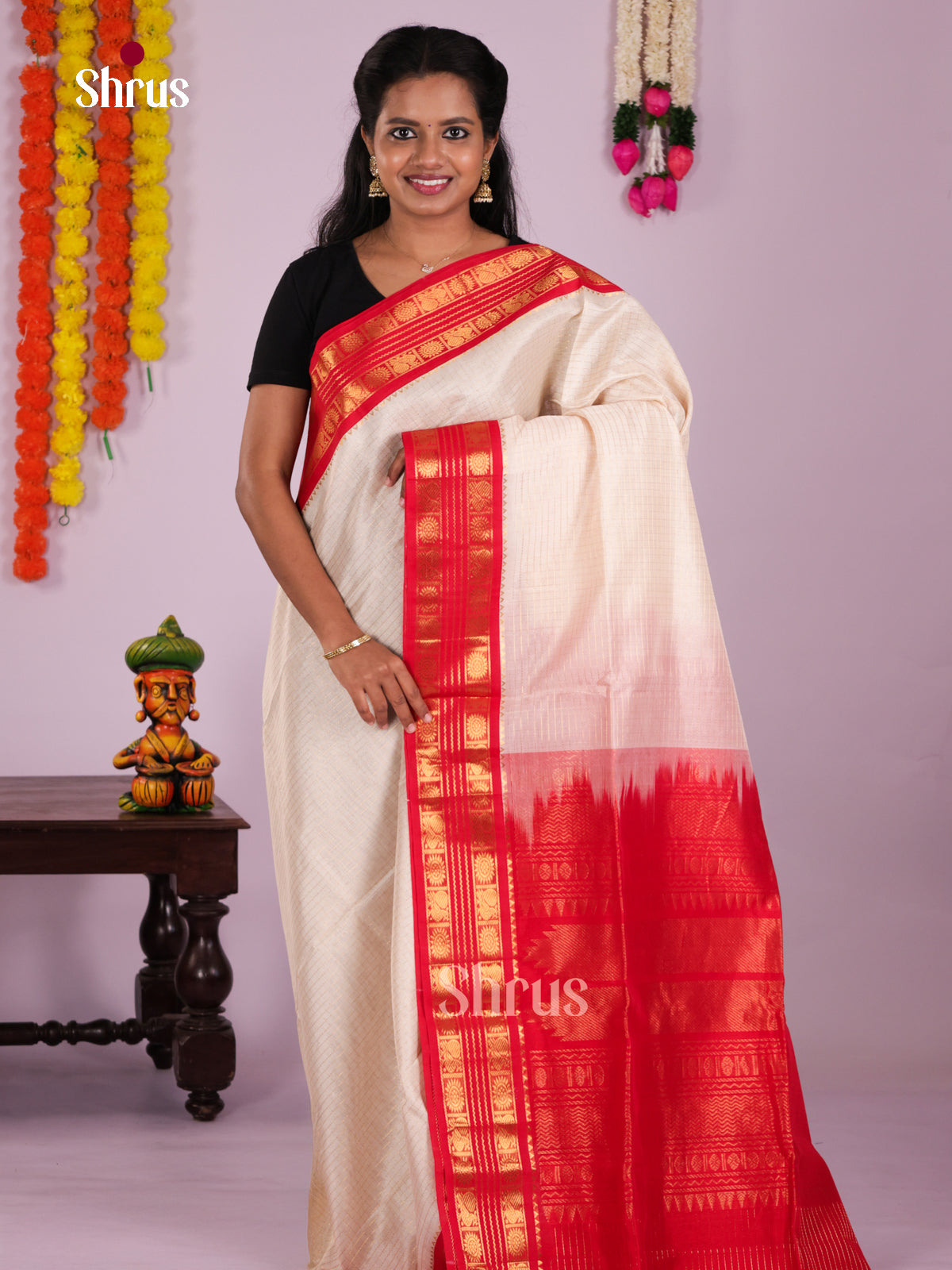 Opulent Cream Silk Cotton Saree With Zari Kattams & Red Korvai Rettaipet Border