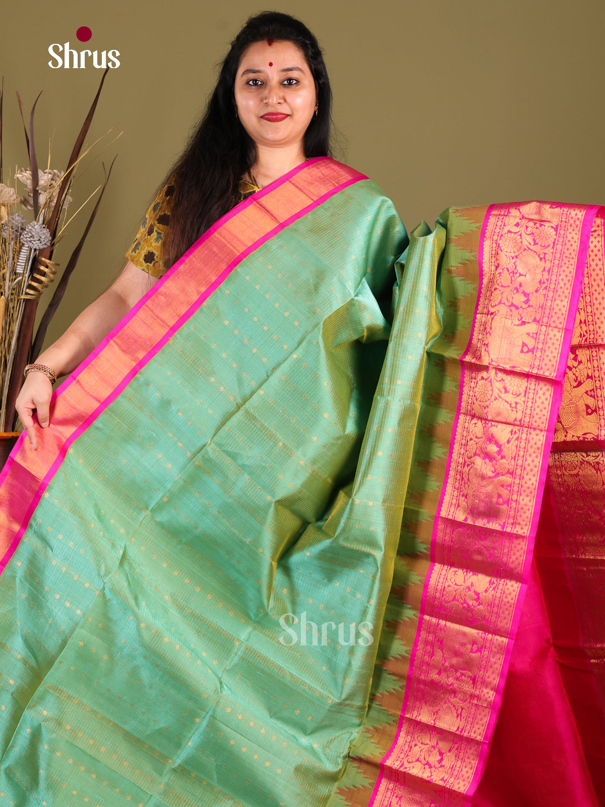 Pastel Green & Pink Silk Cotton Korvai-kattams Saree - Shop on Shrus.com